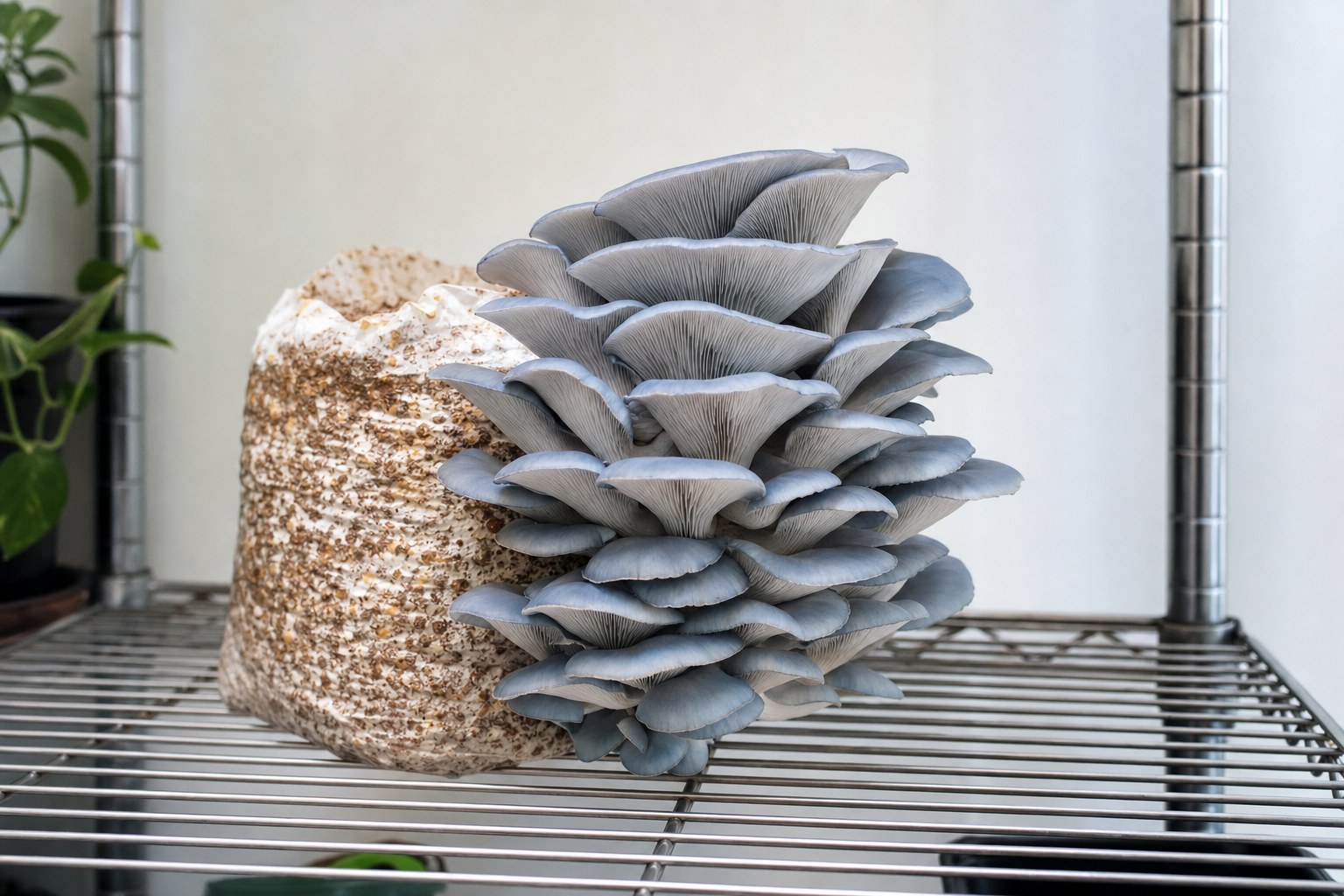 Blue oyster mushroom cluster fruiting from a hardwood grow block indoors