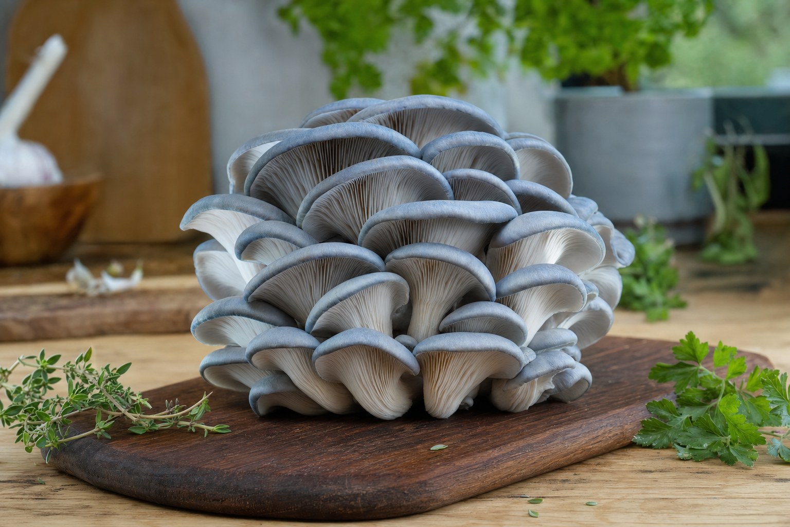 Fresh blue oyster mushrooms on a wooden cutting board