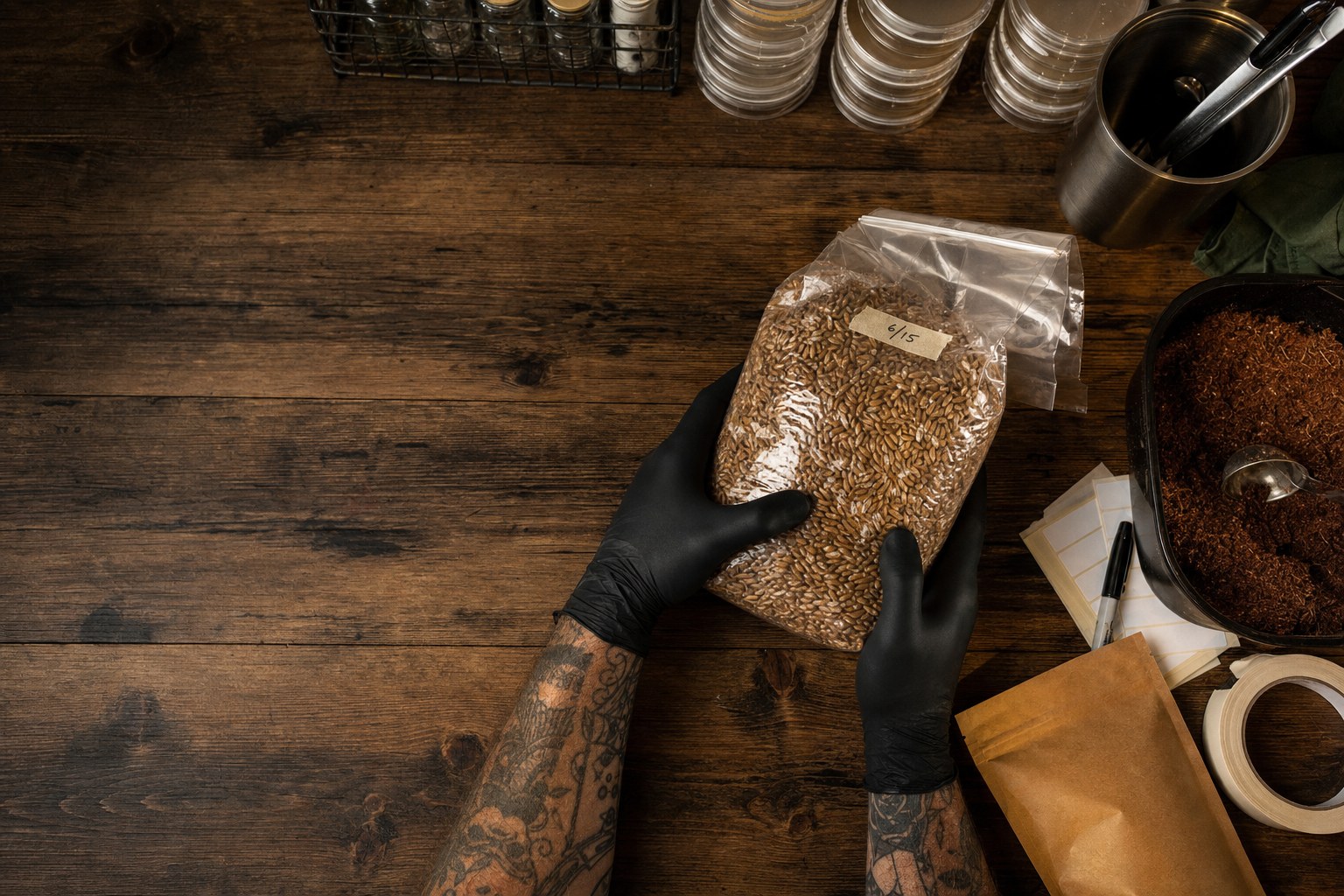 Gloved hands preparing a bag of grain spawn on a mushroom cultivation workbench