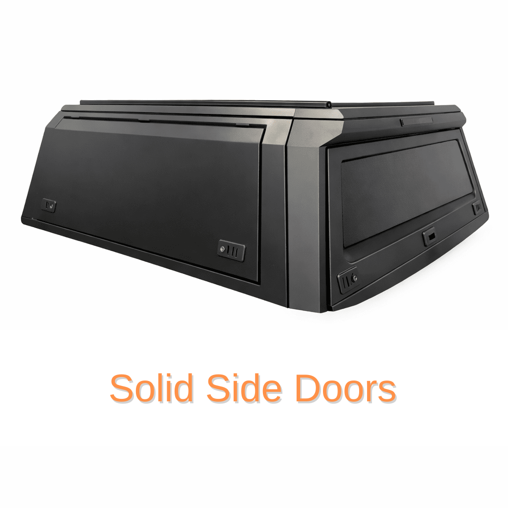 Black aluminum truck topper with solid locking gullwing side door