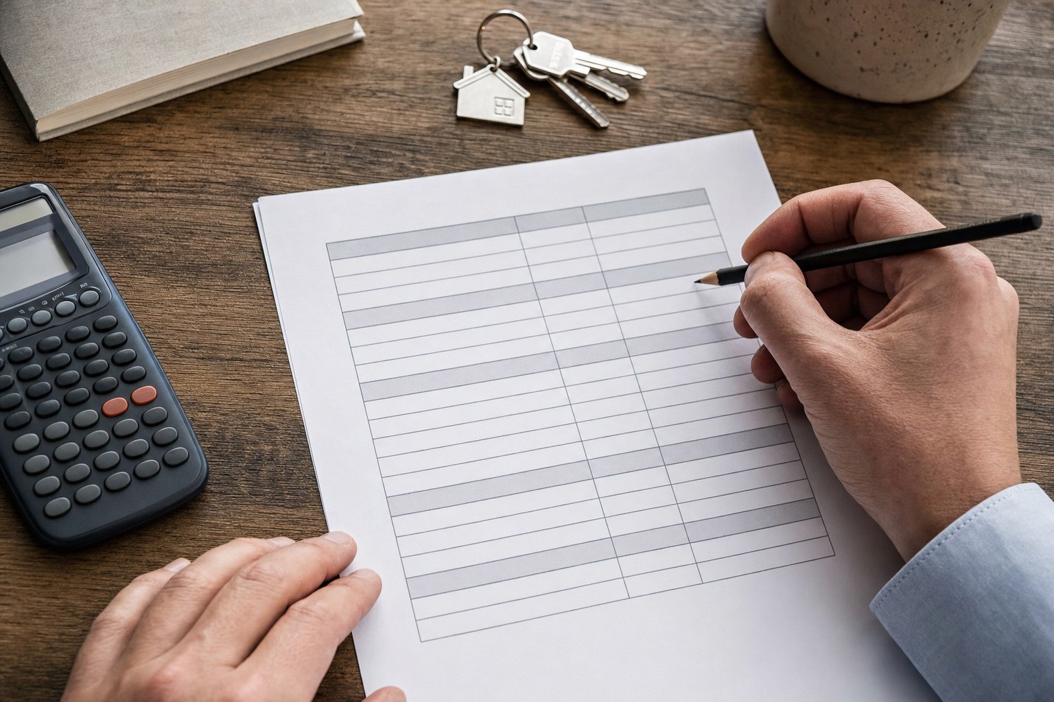 Calculator, keys, and a budget worksheet used to plan purchase costs