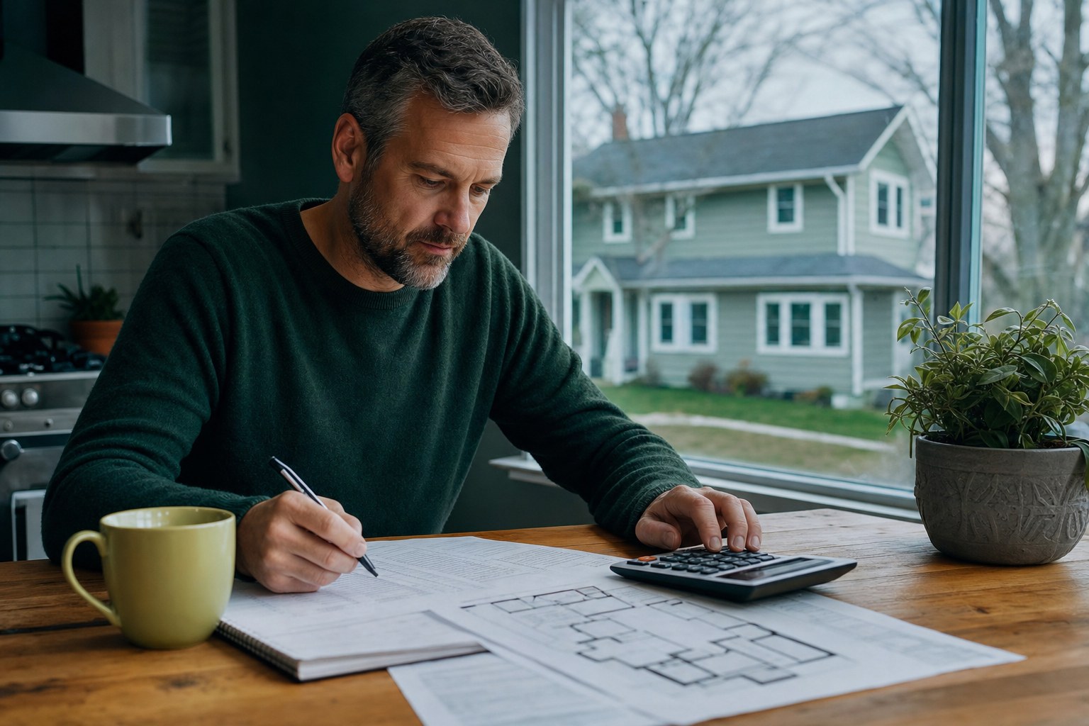 Investor reviewing a property purchase worksheet at a kitchen table