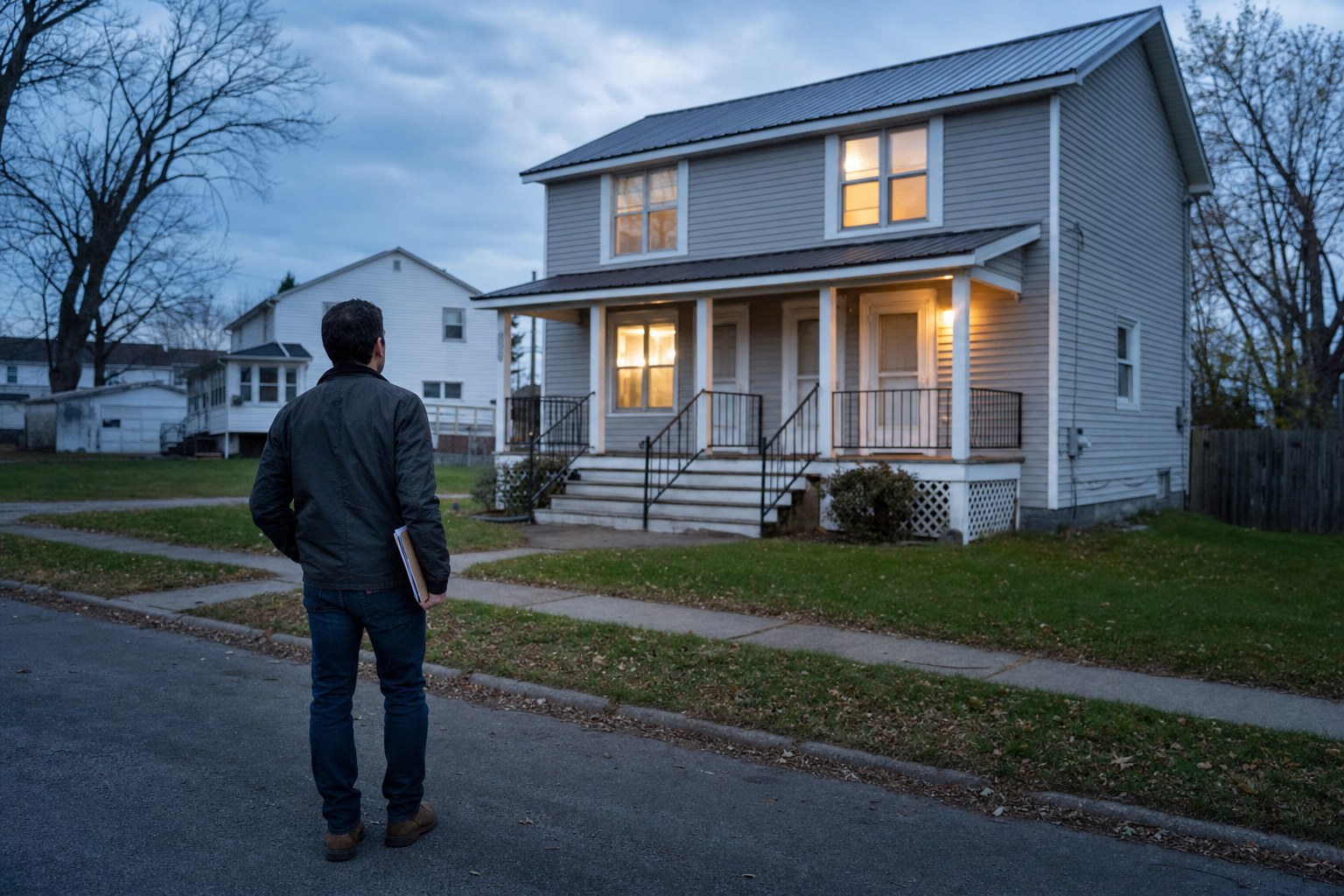 Investor reviewing a duplex from the street before making a purchase decision