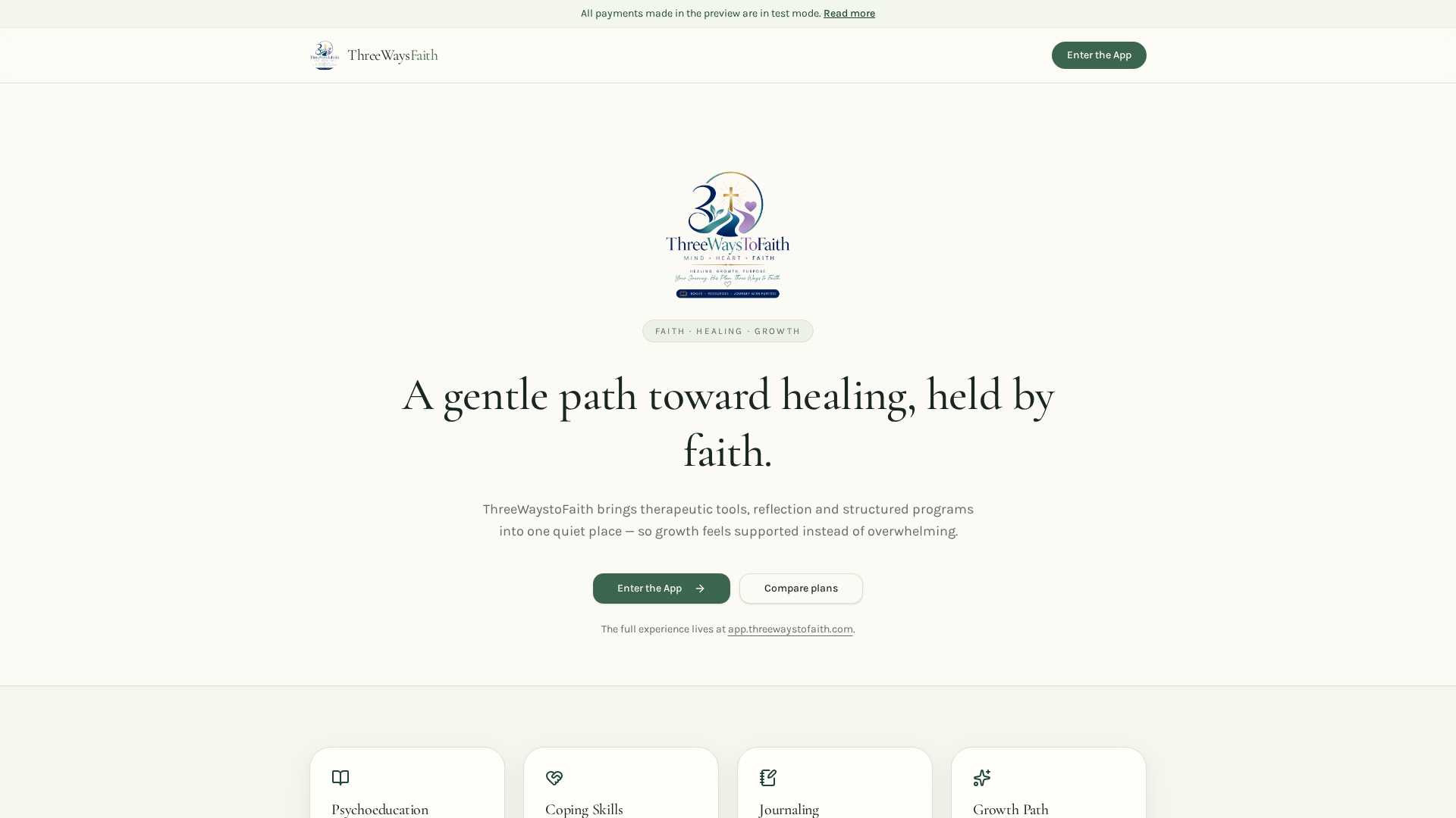 ThreeWaysToFaith app showing a gentle wellness path
