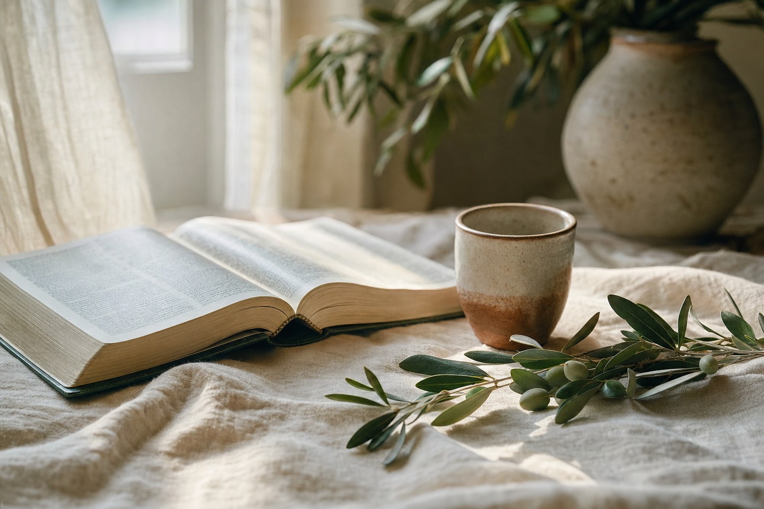An open Bible, tea, and olive branch in warm morning light