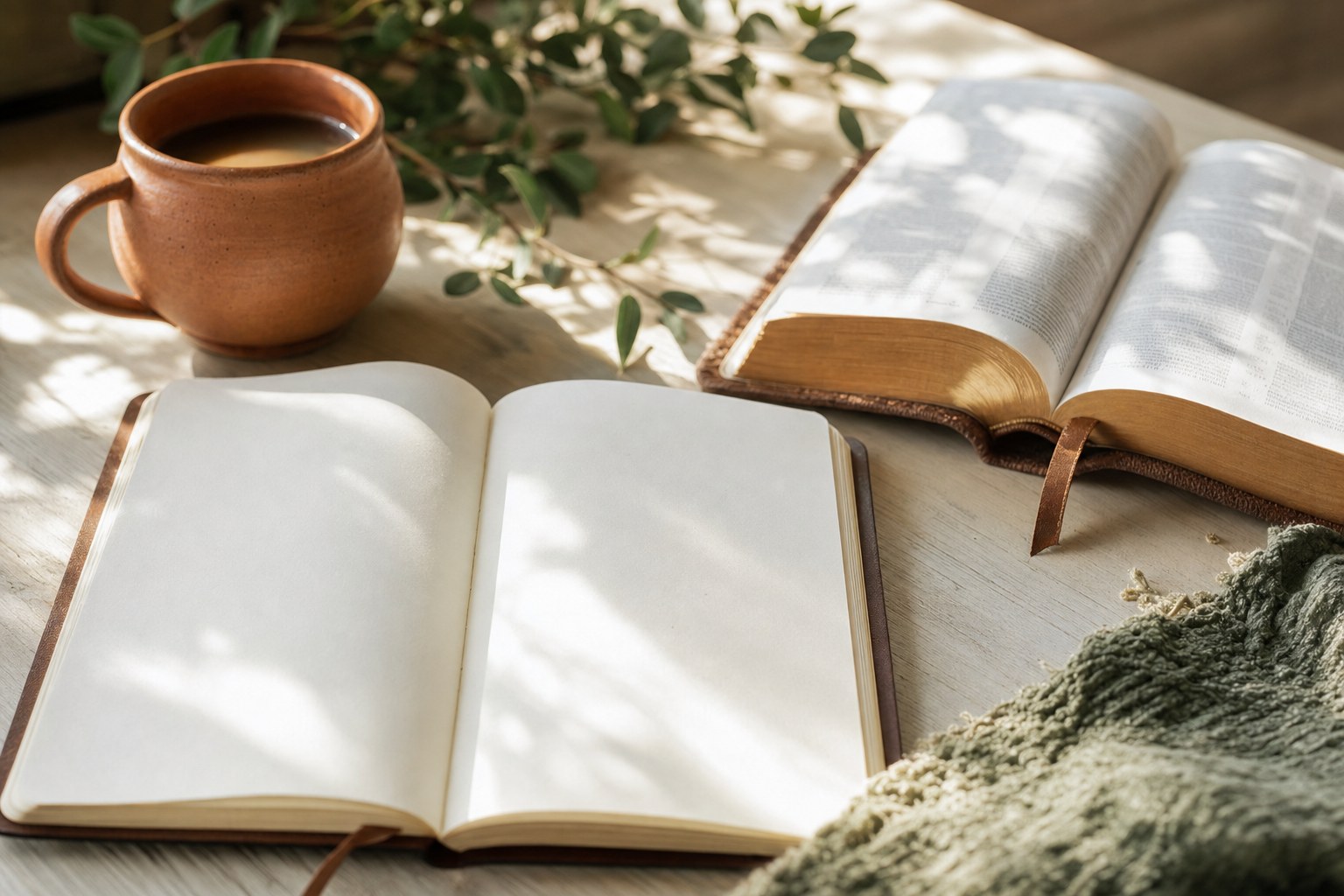 A blank journal, Bible, and ceramic mug ready for quiet reflection