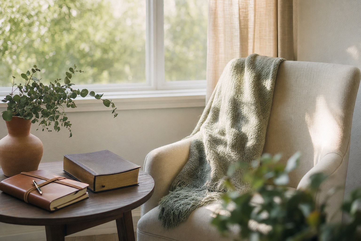 A quiet chair, journal, and Bible beside a sunlit window