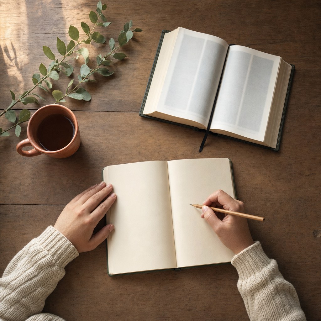 A journal, Bible, and tea prepared for a quiet written reflection