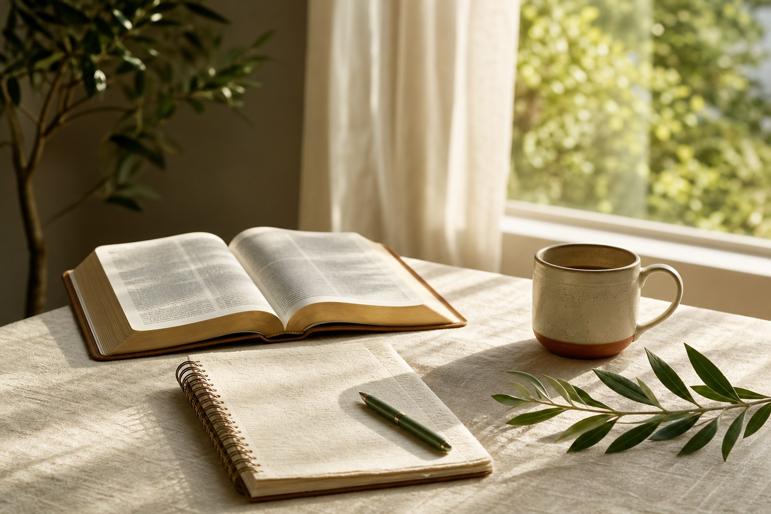 An open Bible, journal, tea, and olive branch in soft morning light