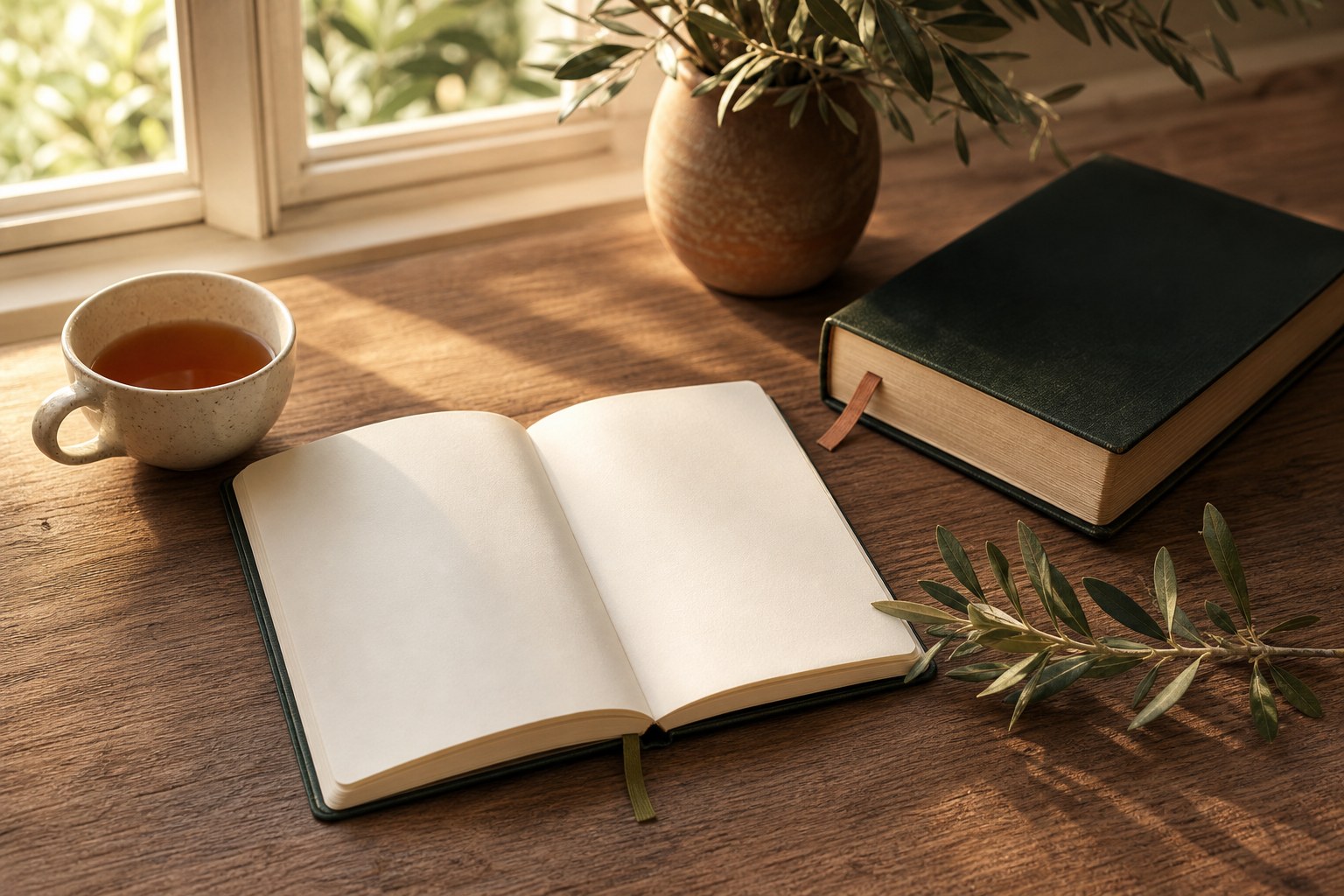 An open blank journal, Bible, tea, and olive leaves on a sunlit wooden table