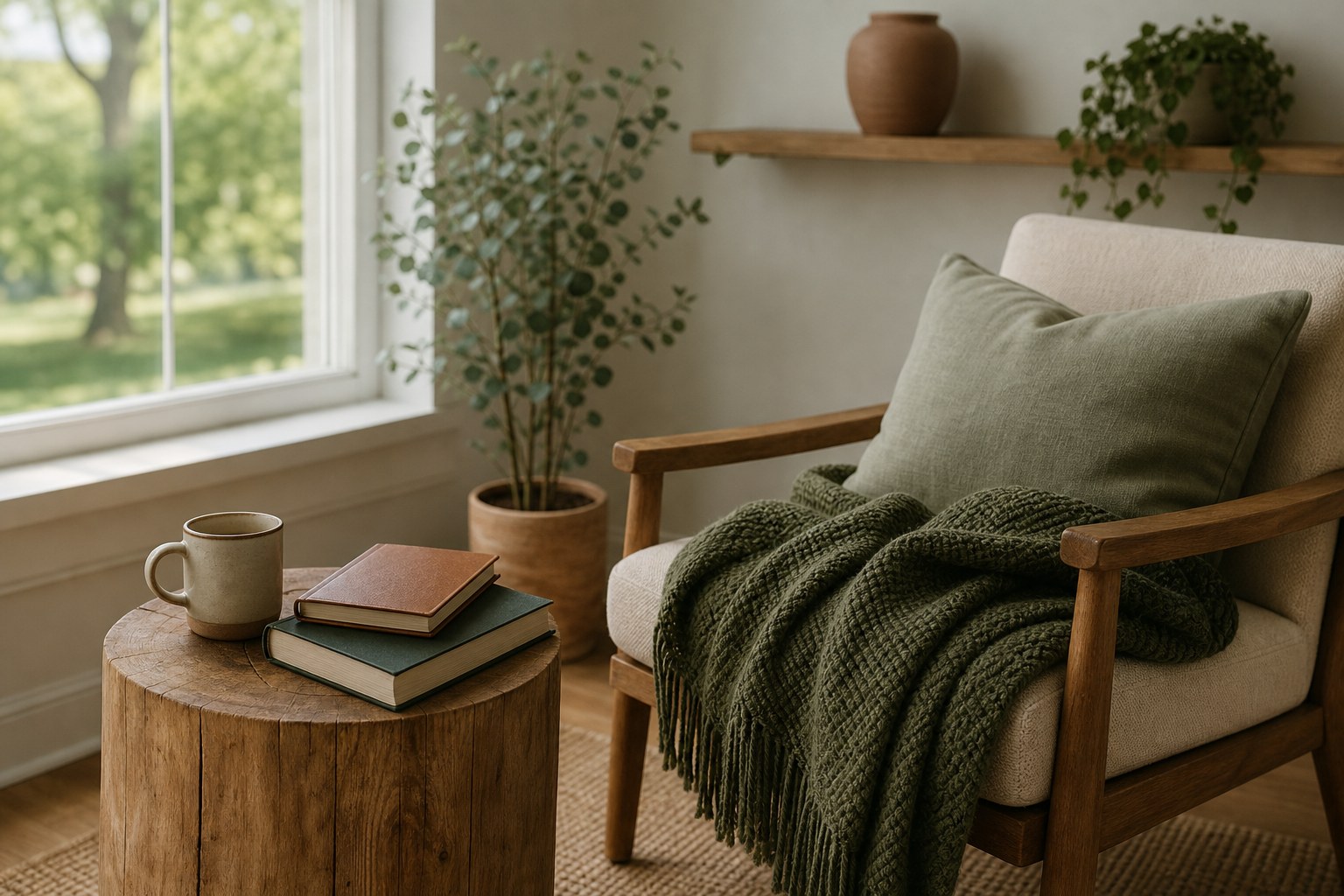 A quiet chair with a green blanket, books, and a tea cup by a bright window