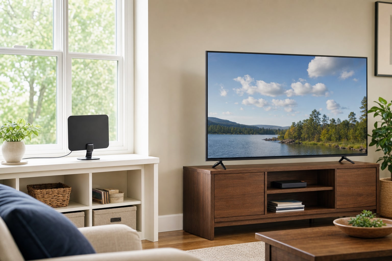 An indoor television antenna near a window beside a home TV setup.