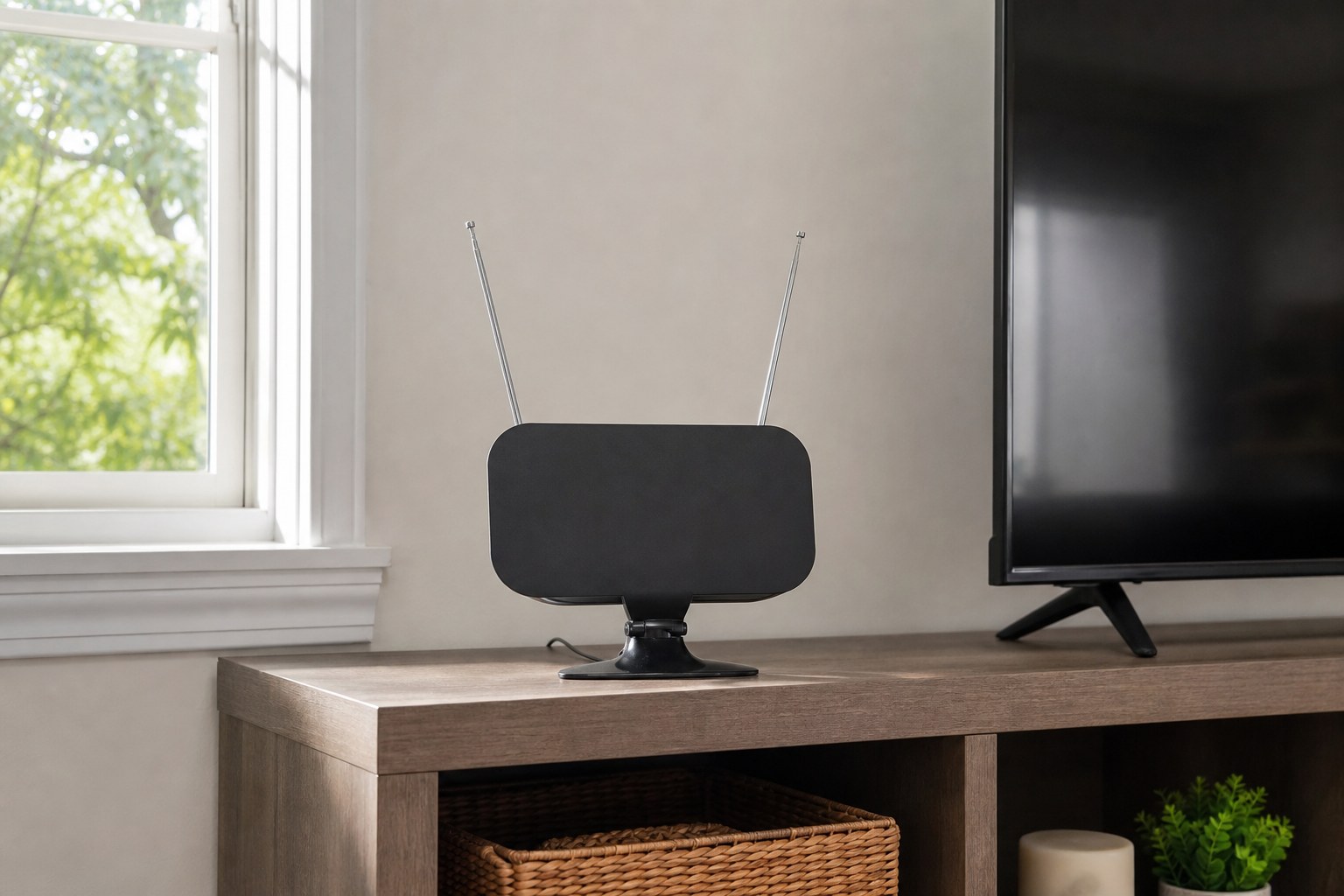 An indoor antenna placed beside a television near a window.