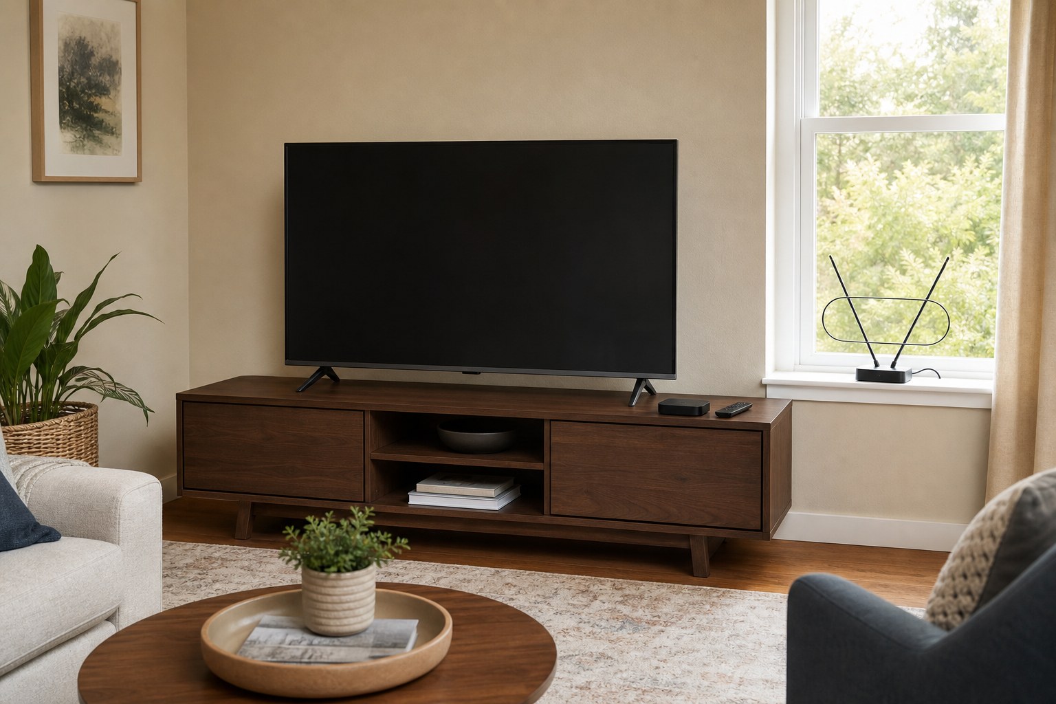 A home television with an indoor antenna and streaming device ready for basic TV channels.