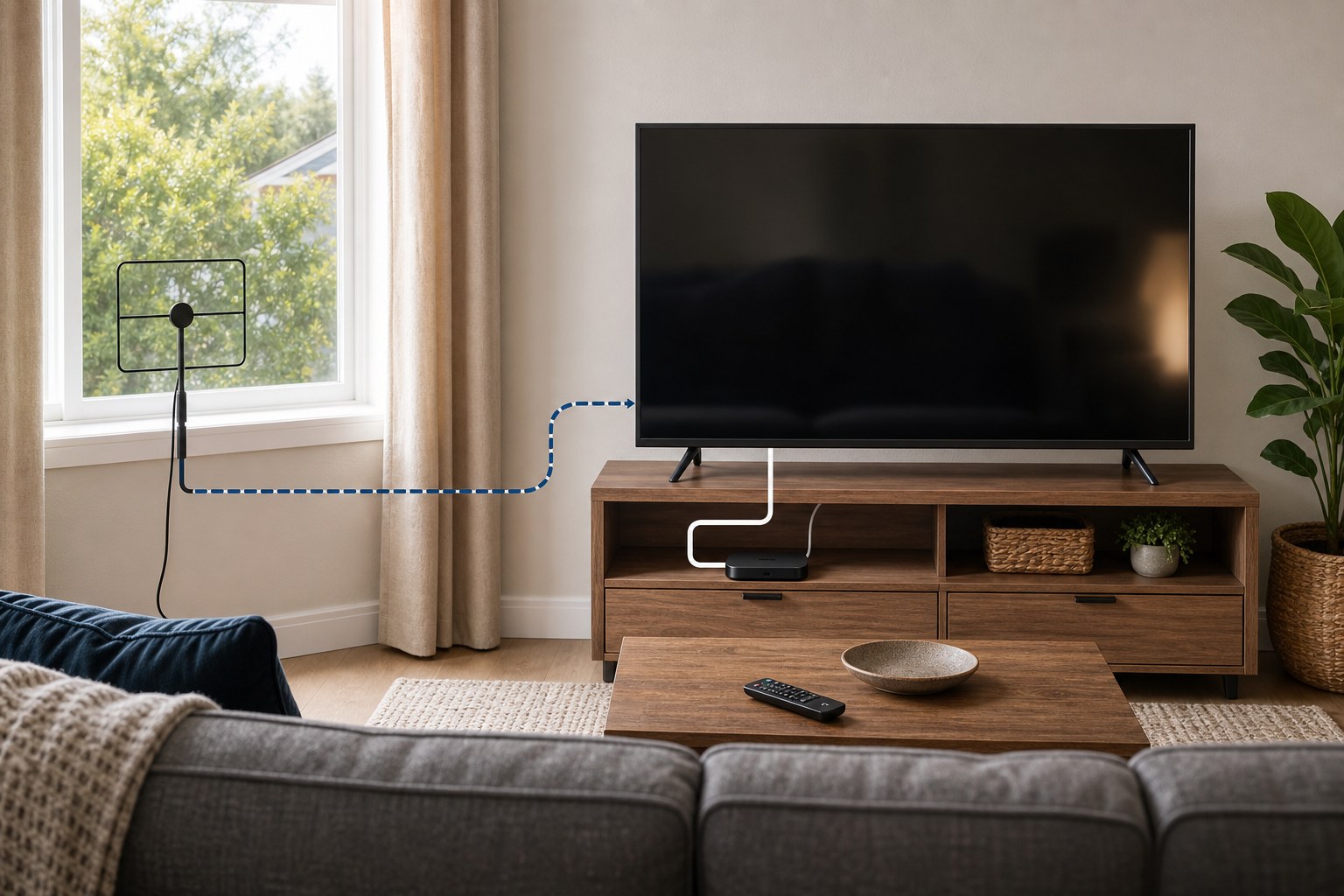 A living-room television setup with an antenna and streaming device serving different viewing paths.