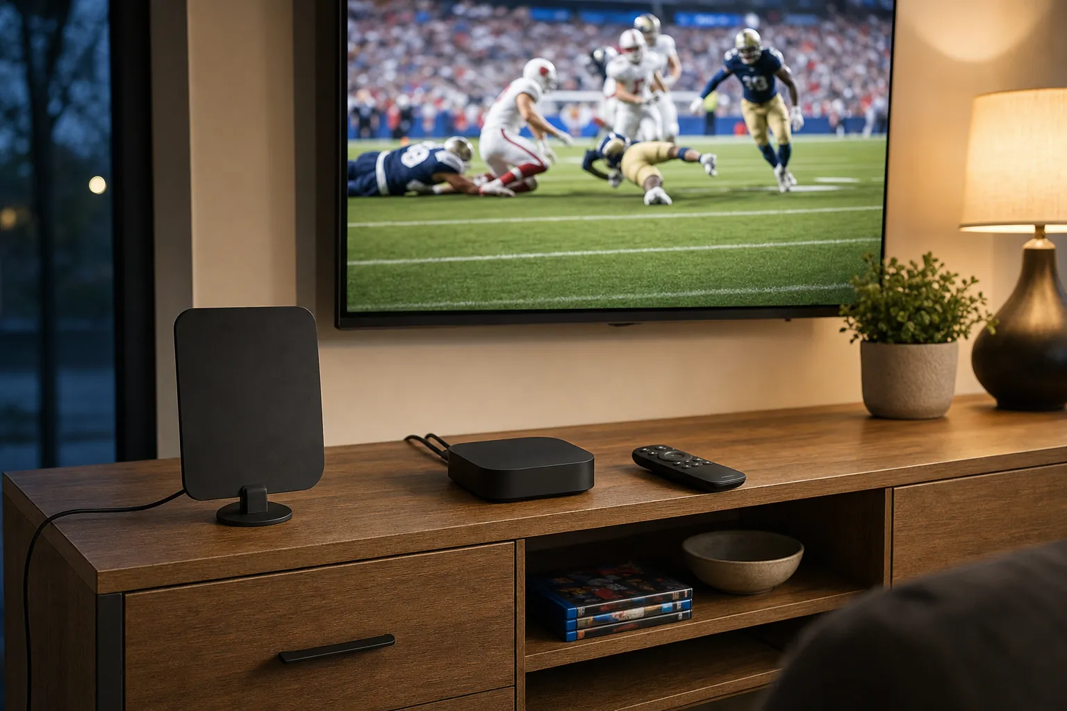An indoor antenna and streaming device set up beneath a television showing a live game.