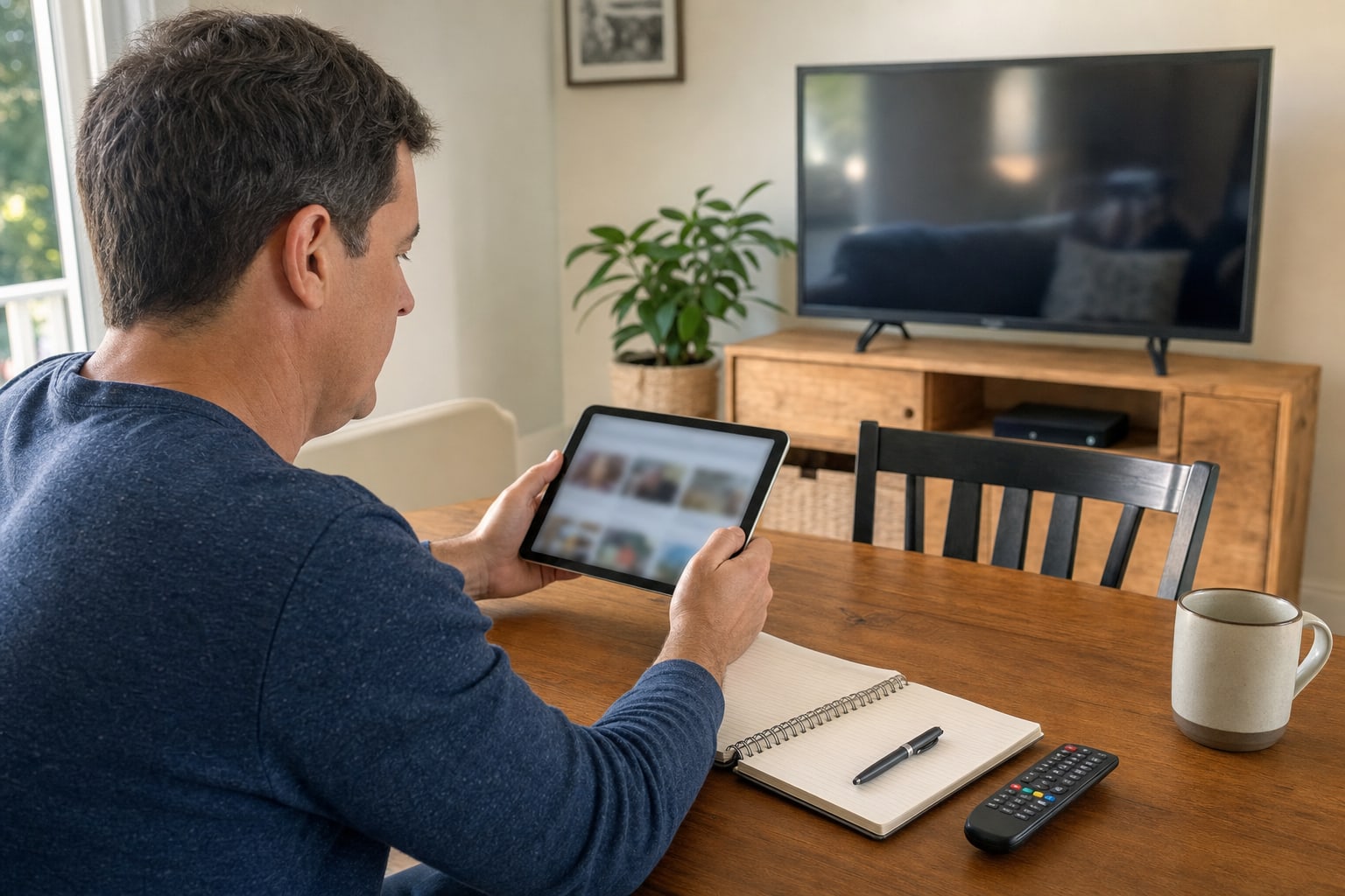 A person comparing local TV options on a tablet with a television in the background.