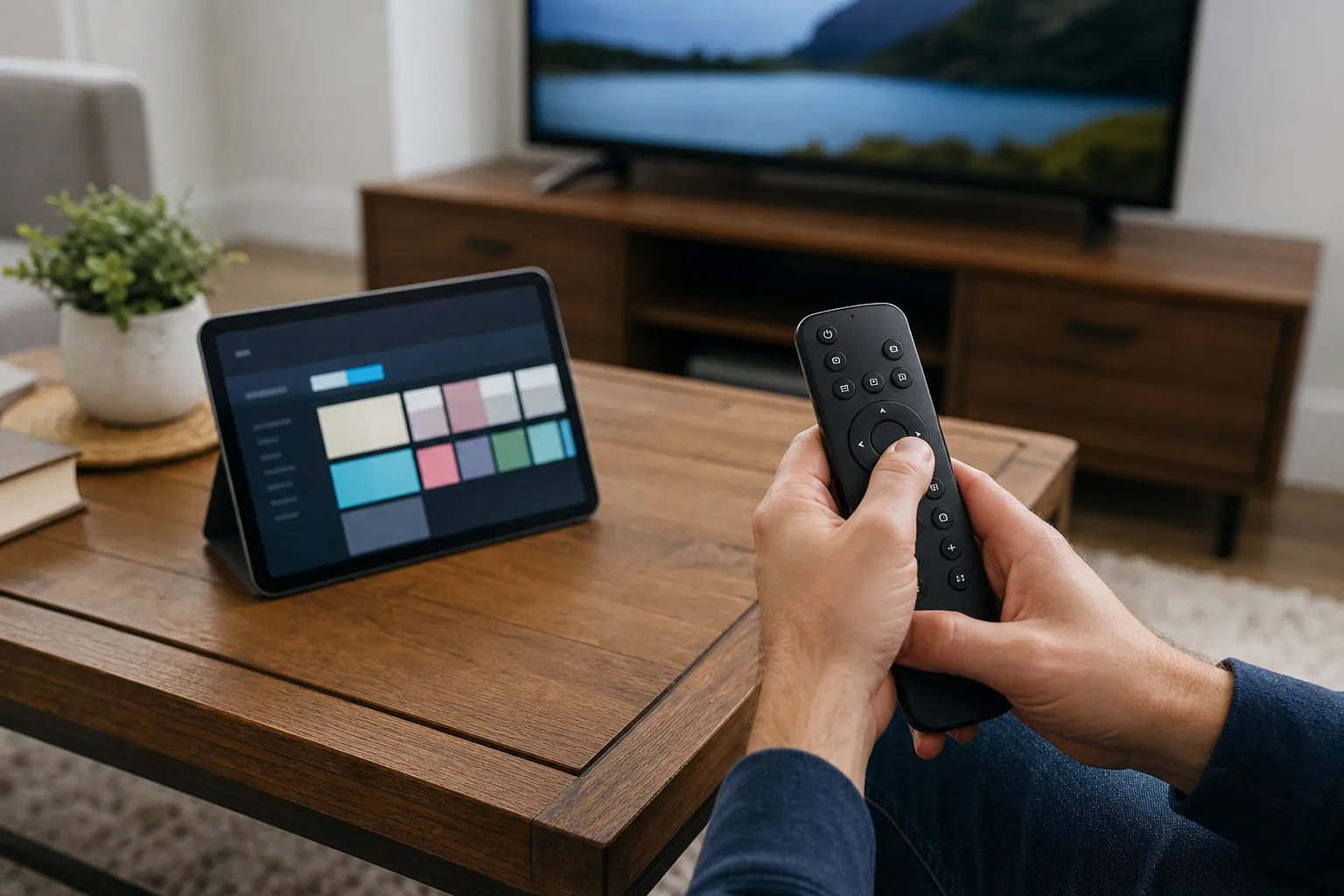 A person using a streaming remote beside a tablet with a channel availability screen.