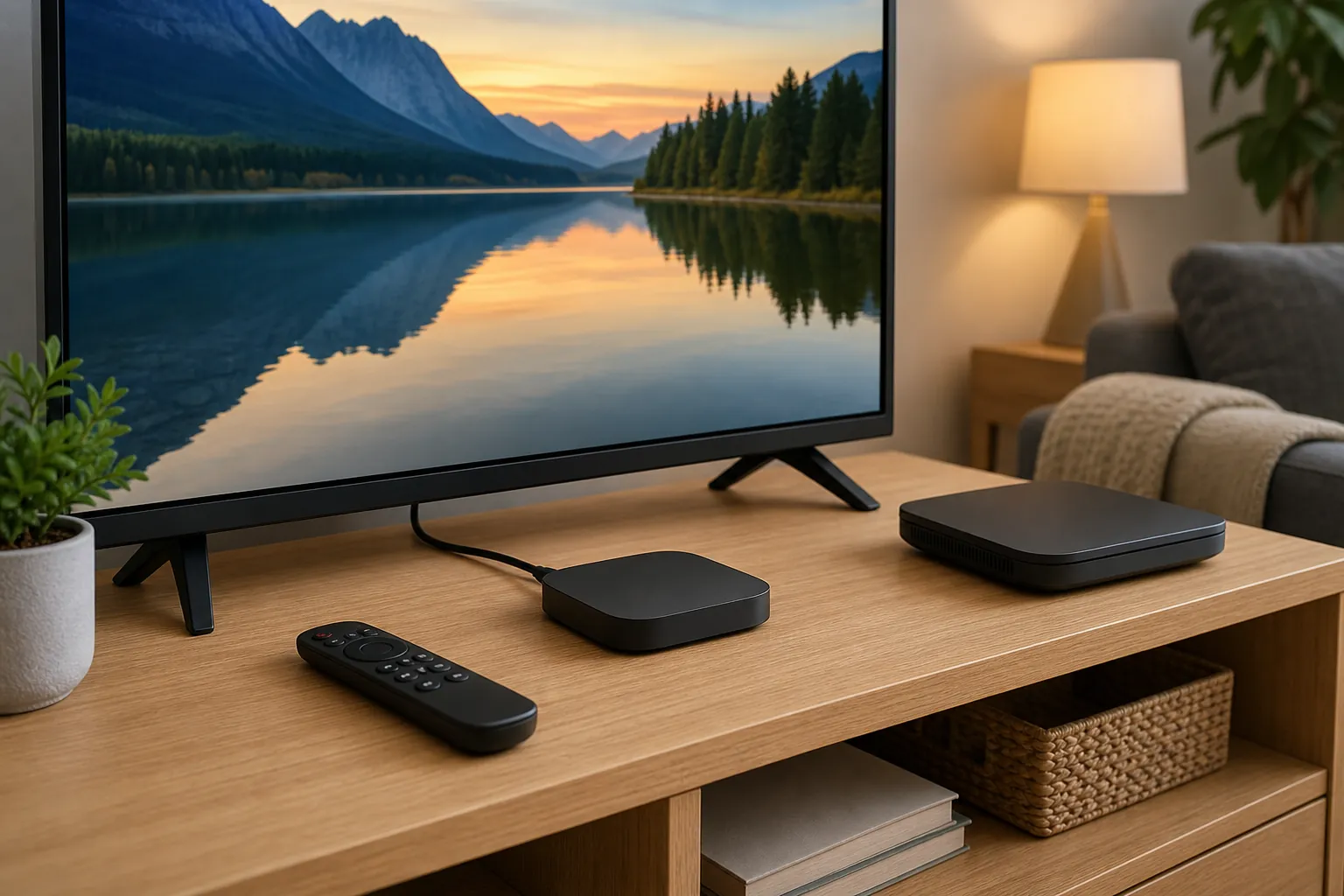 A connected television, streaming device, remote and Wi-Fi router on a media console.