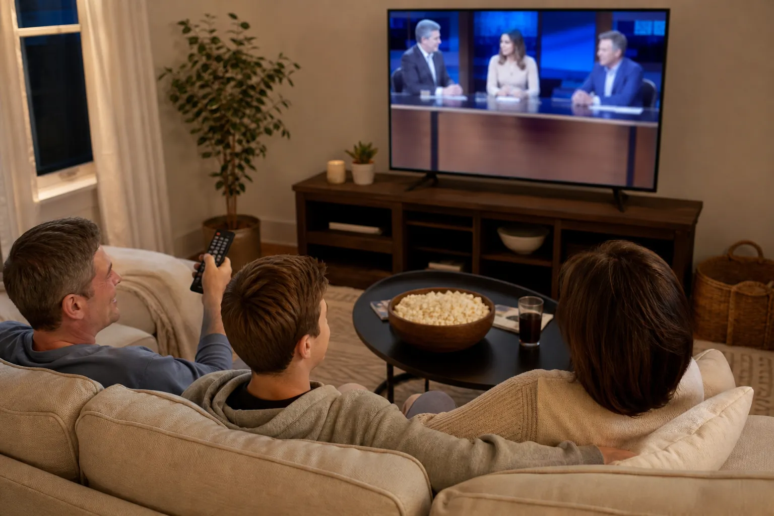 A family watching a live television program together in their living room.