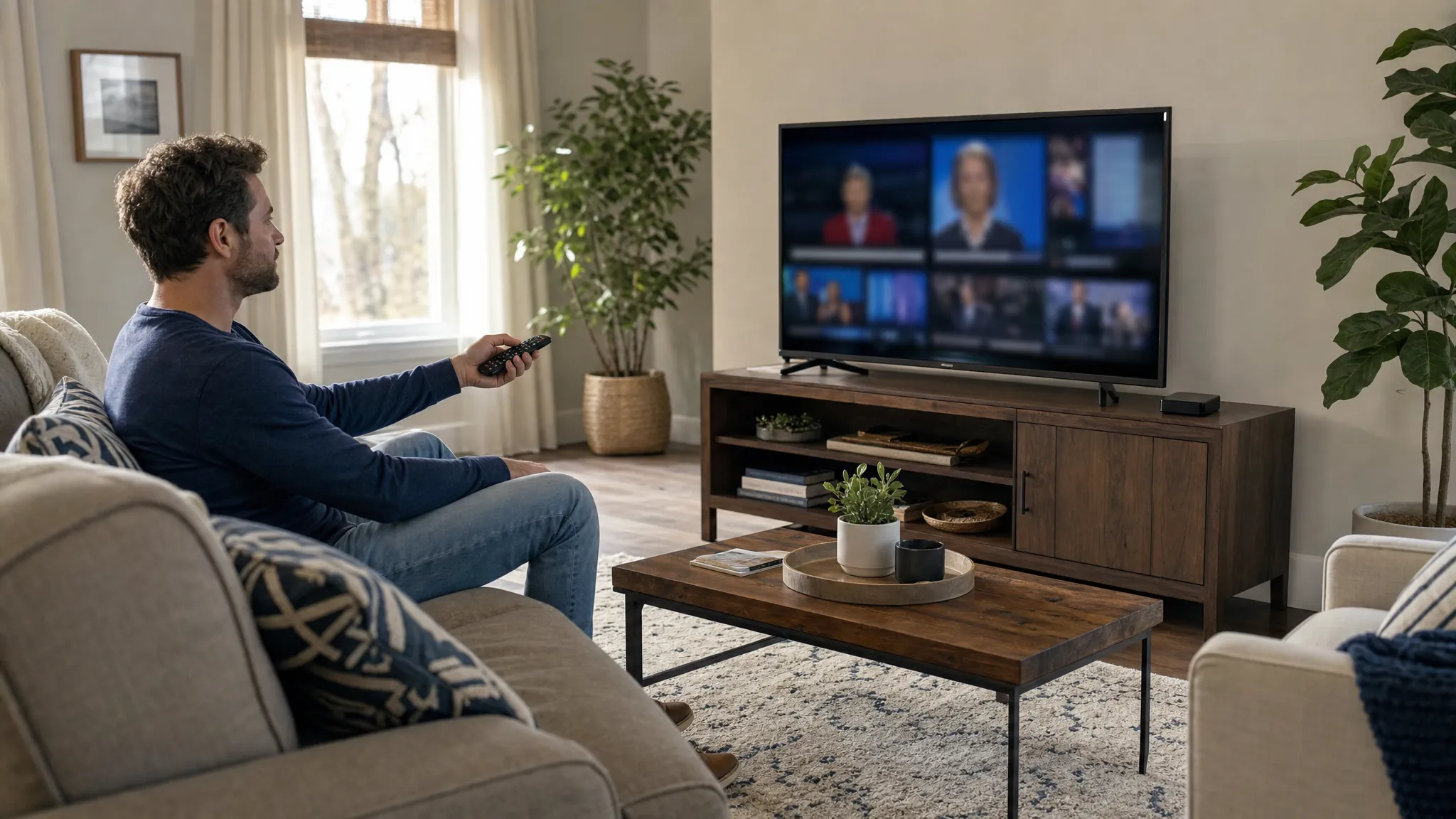 A person using a streaming remote to watch local news in a living room.