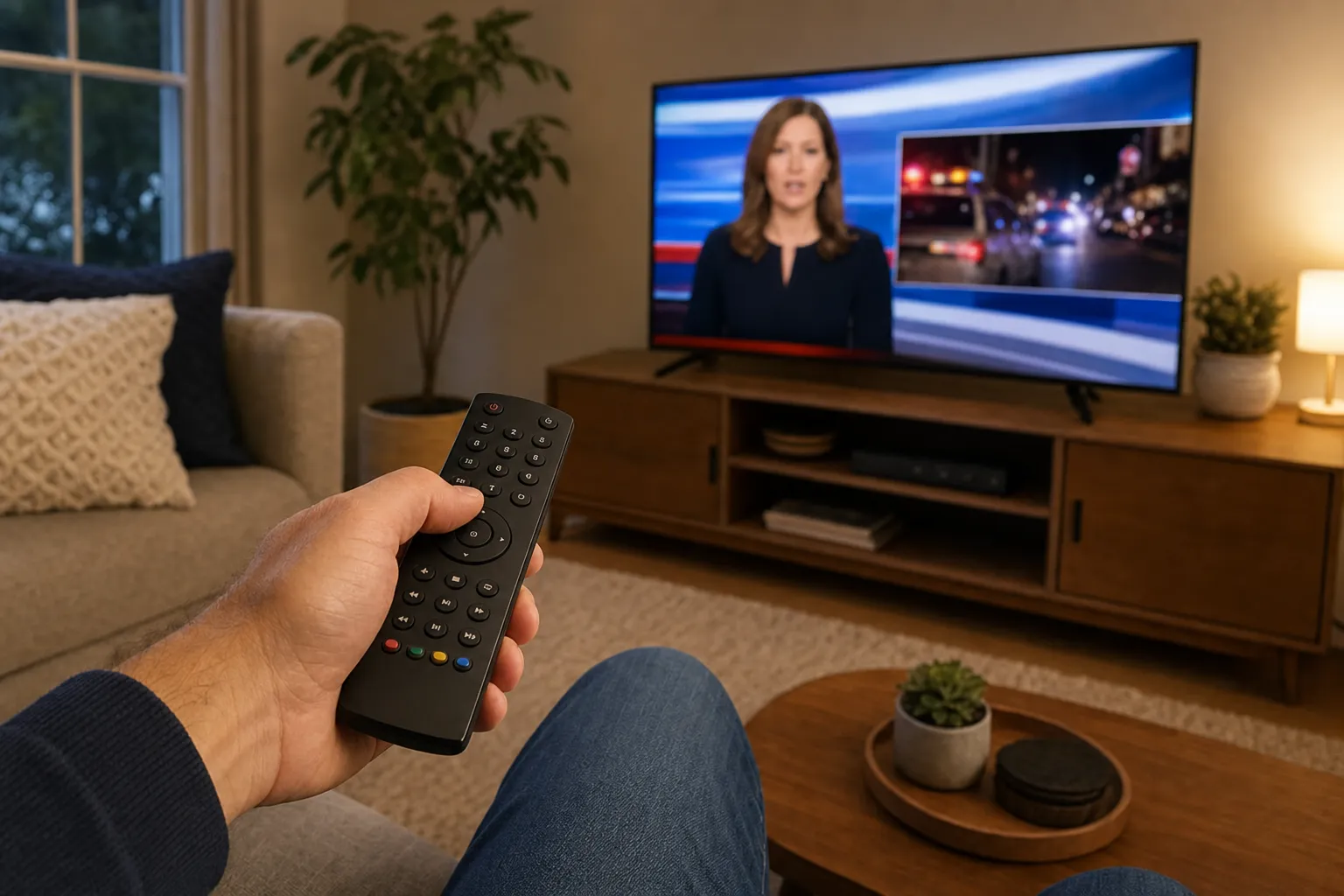 A person using a remote to watch a local news broadcast on a smart television.