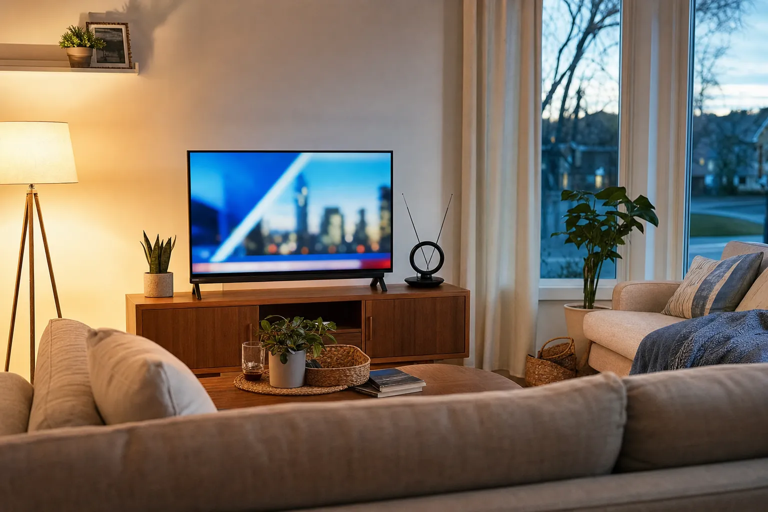 A living room television and indoor antenna ready for local viewing.
