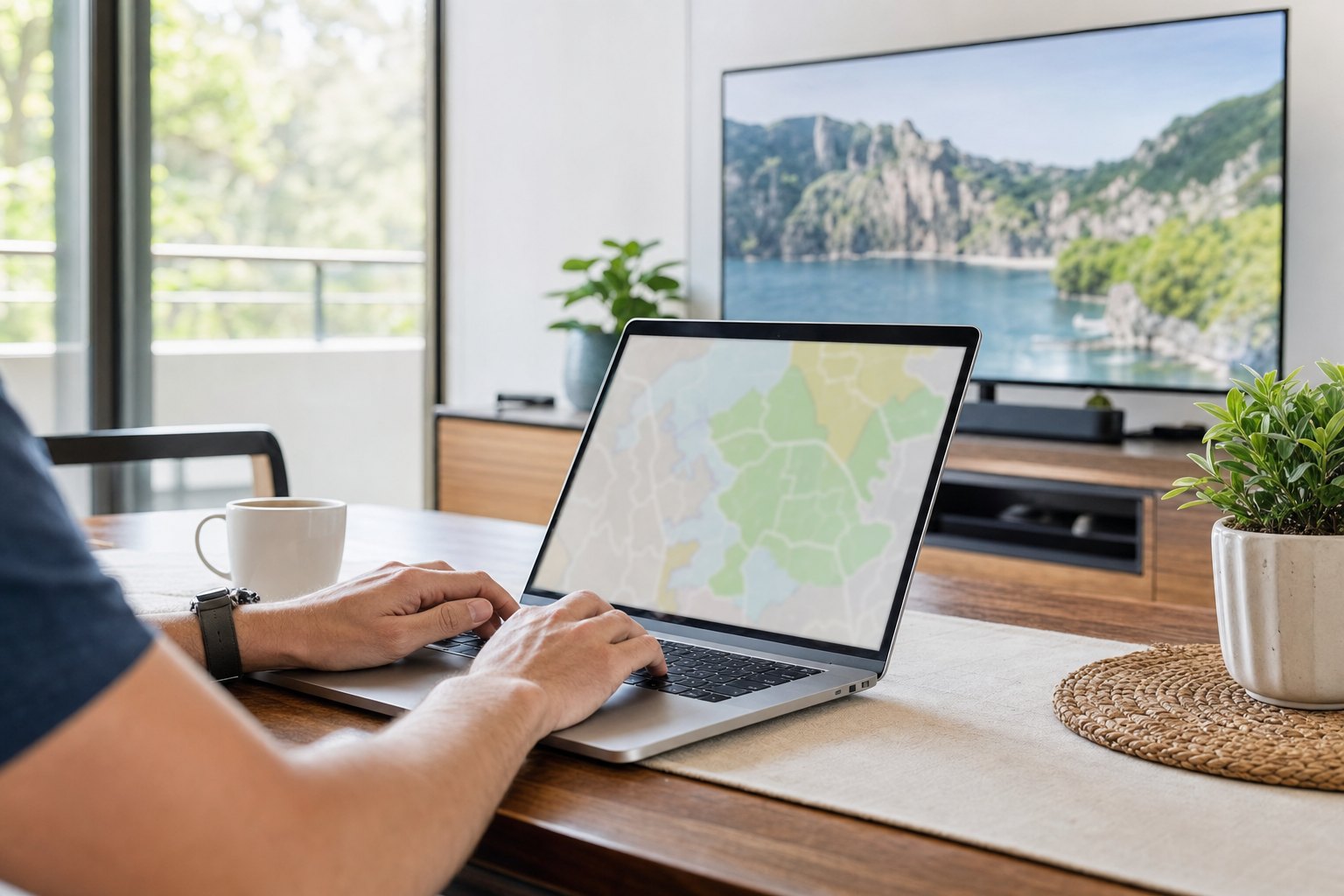 A person comparing local television availability on a laptop at home.