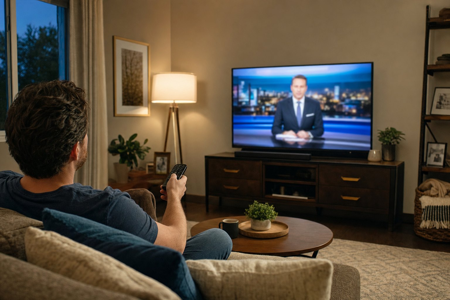 A person using a remote to watch a local news broadcast at home.