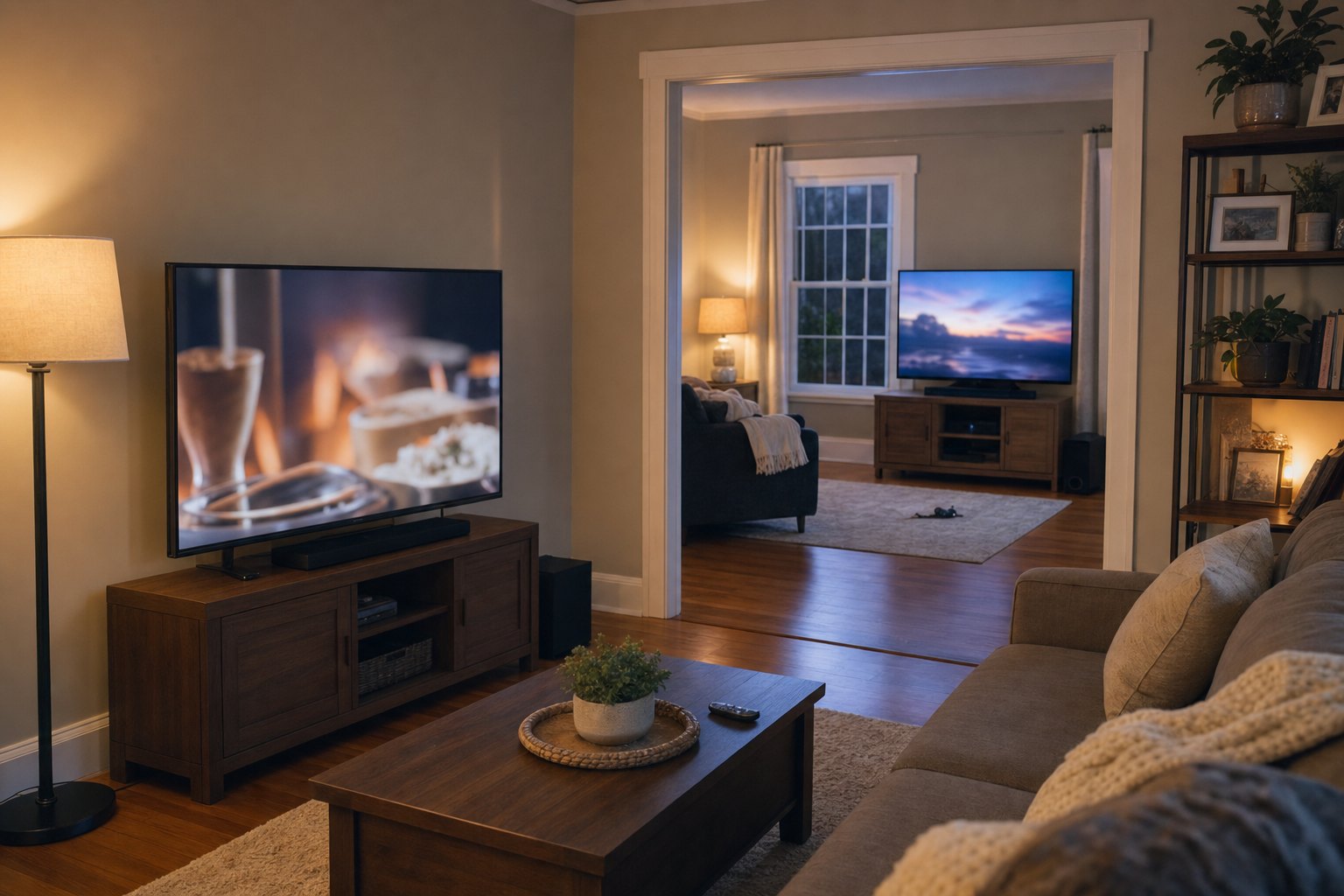 Two televisions in different rooms of a home set up for evening viewing.