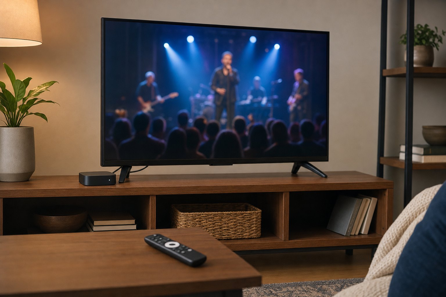 A simple streaming device and remote set up beside a home television.