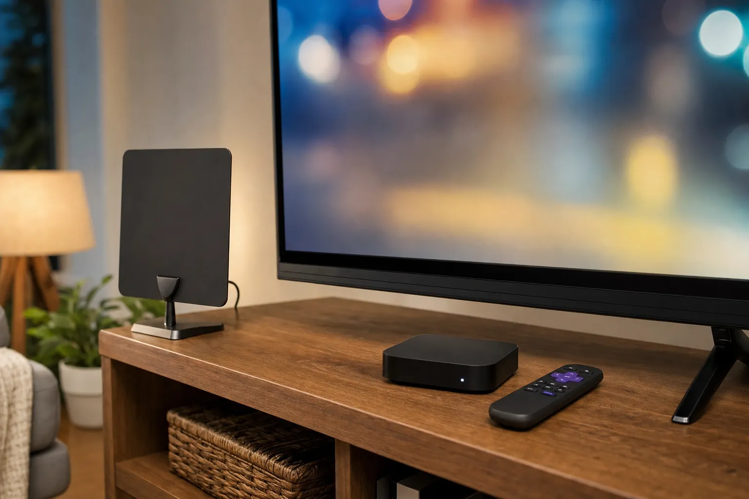 A television setup with an indoor antenna, streaming device and remote control.