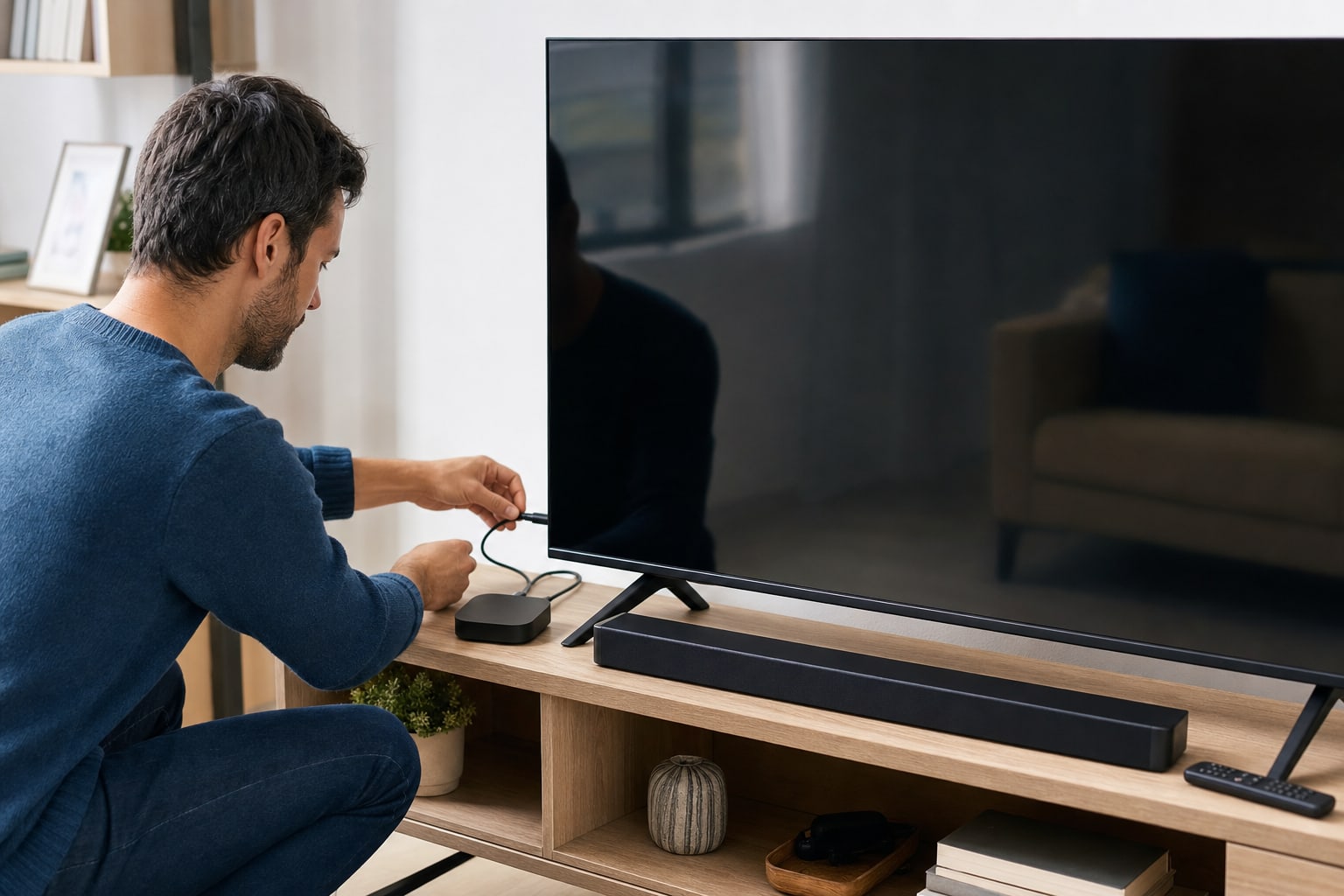 A person connecting a streaming device to a home television.