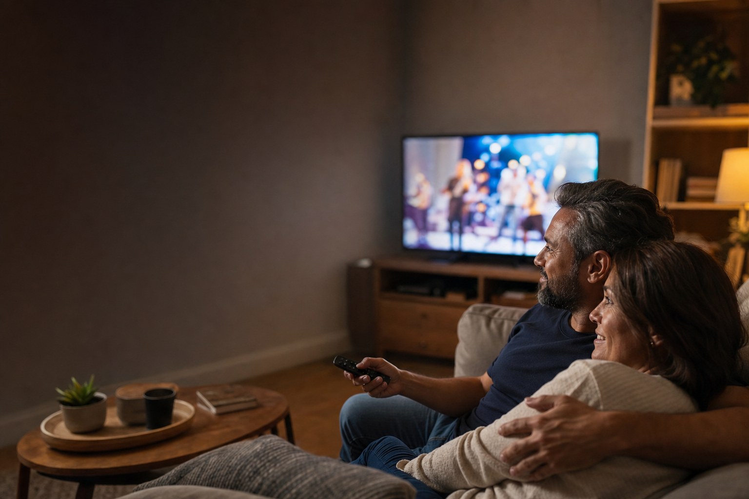 A couple relaxing at home while watching television together.