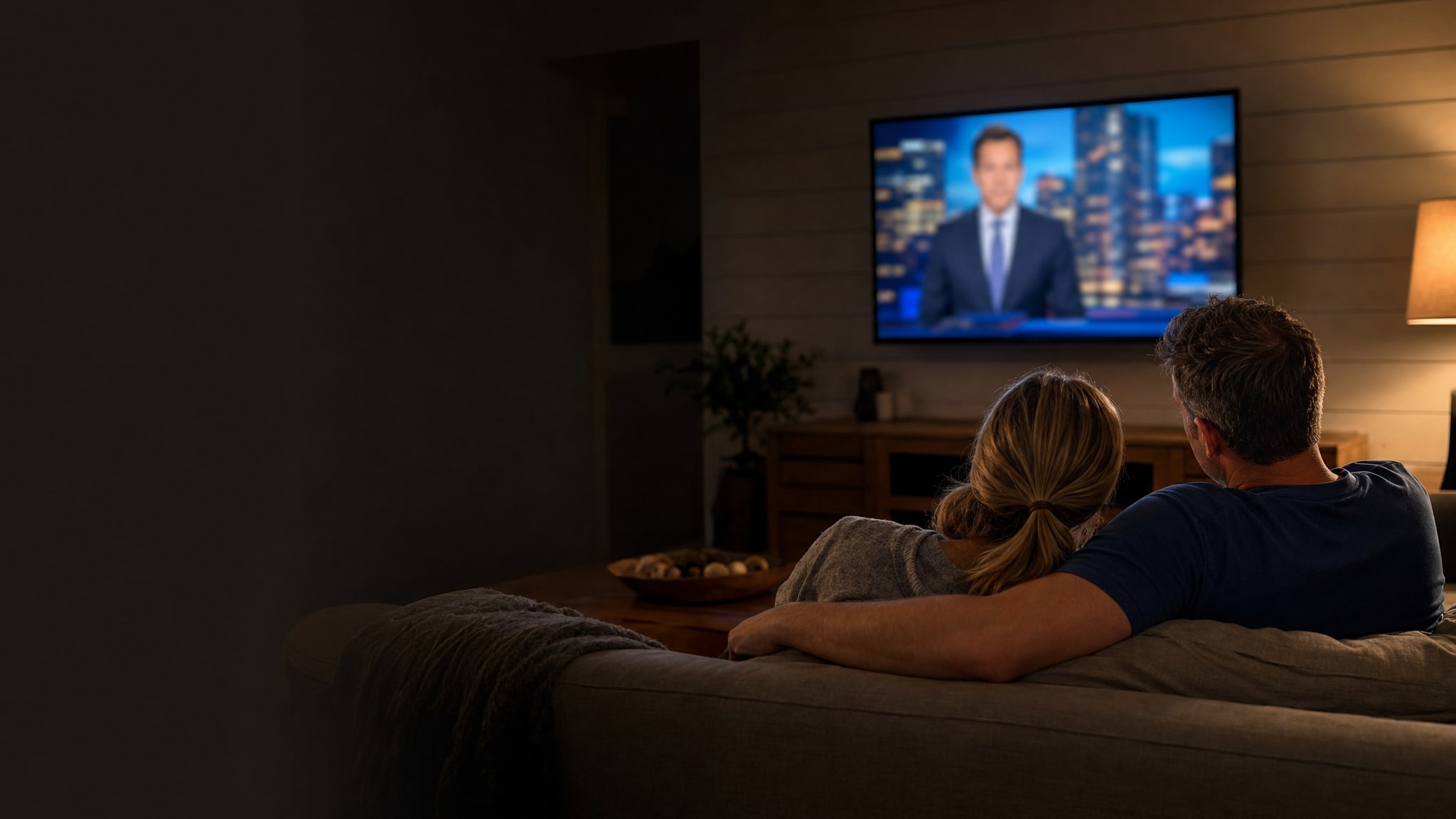 A couple watching a local television broadcast together in their living room.