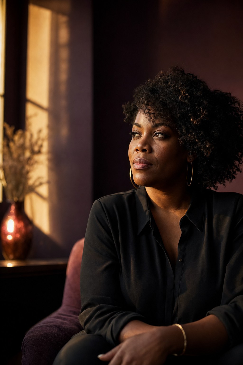 Woman sitting in warm window light, looking toward a new chapter