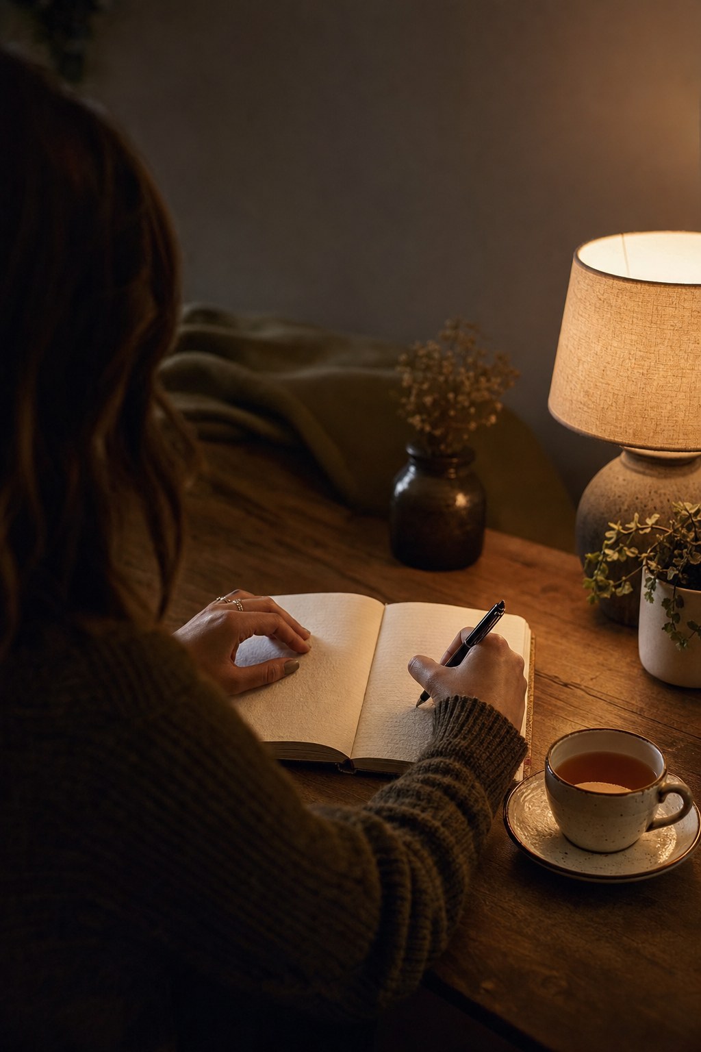 Woman writing in a journal beside tea and warm lamplight