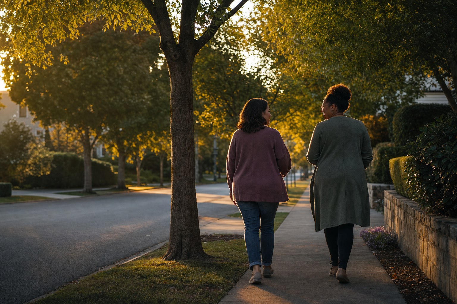 Two women walking together outdoors at golden hour