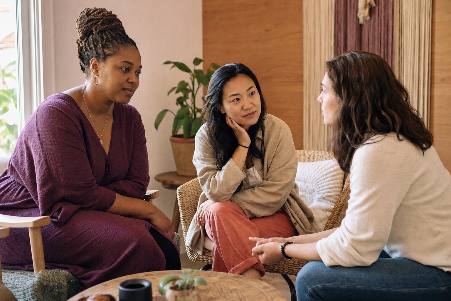 Three women in a warm, supportive conversation
