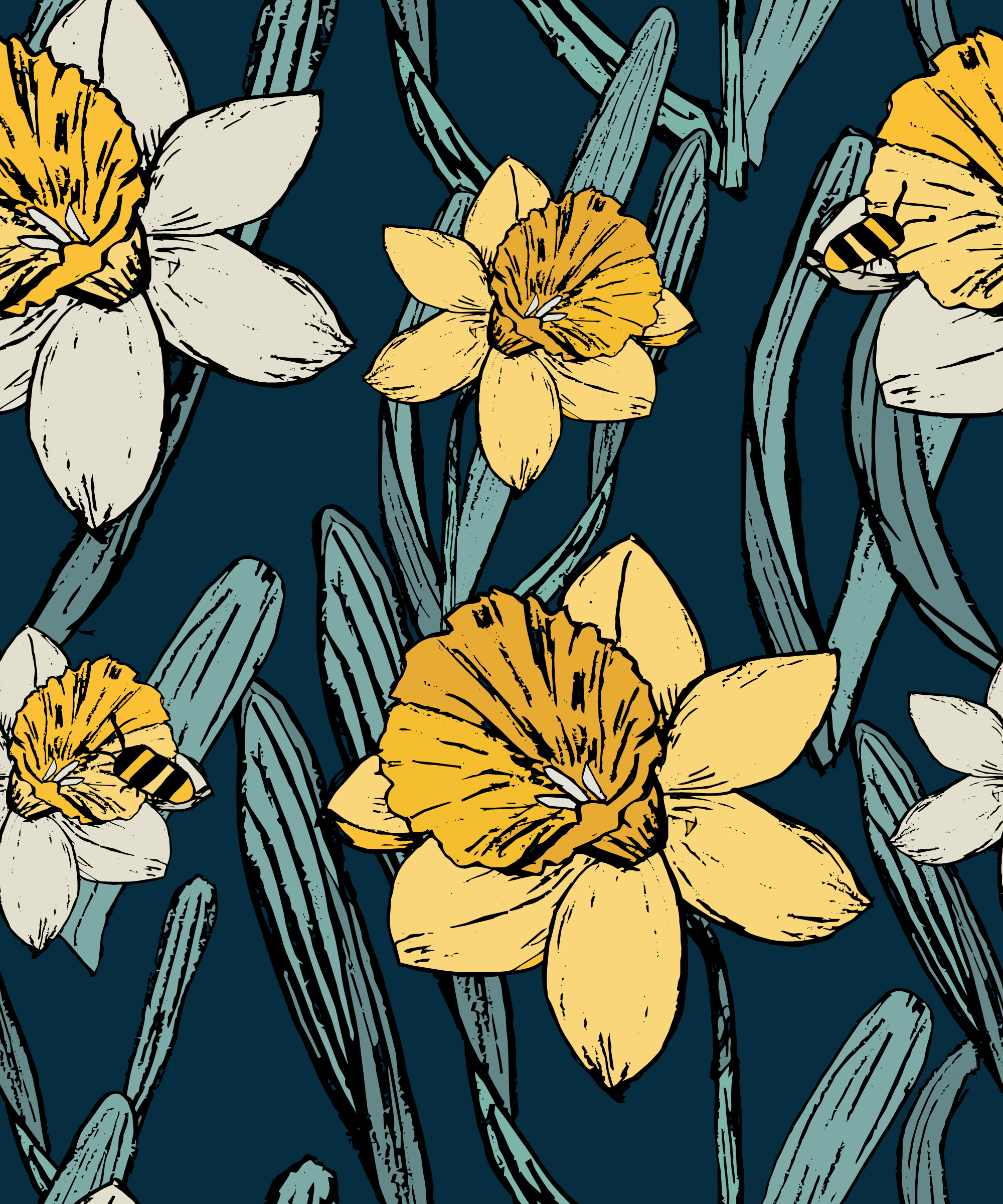 Hand-painted daffodil and bee pattern