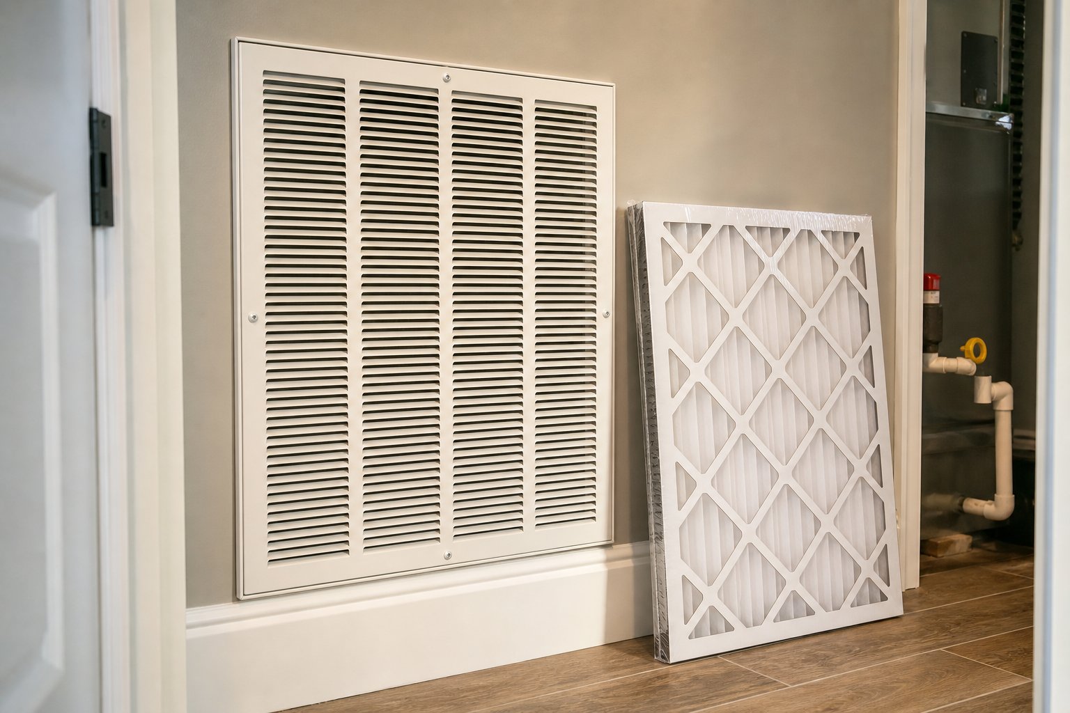 Fresh furnace filter beside a home return air grille