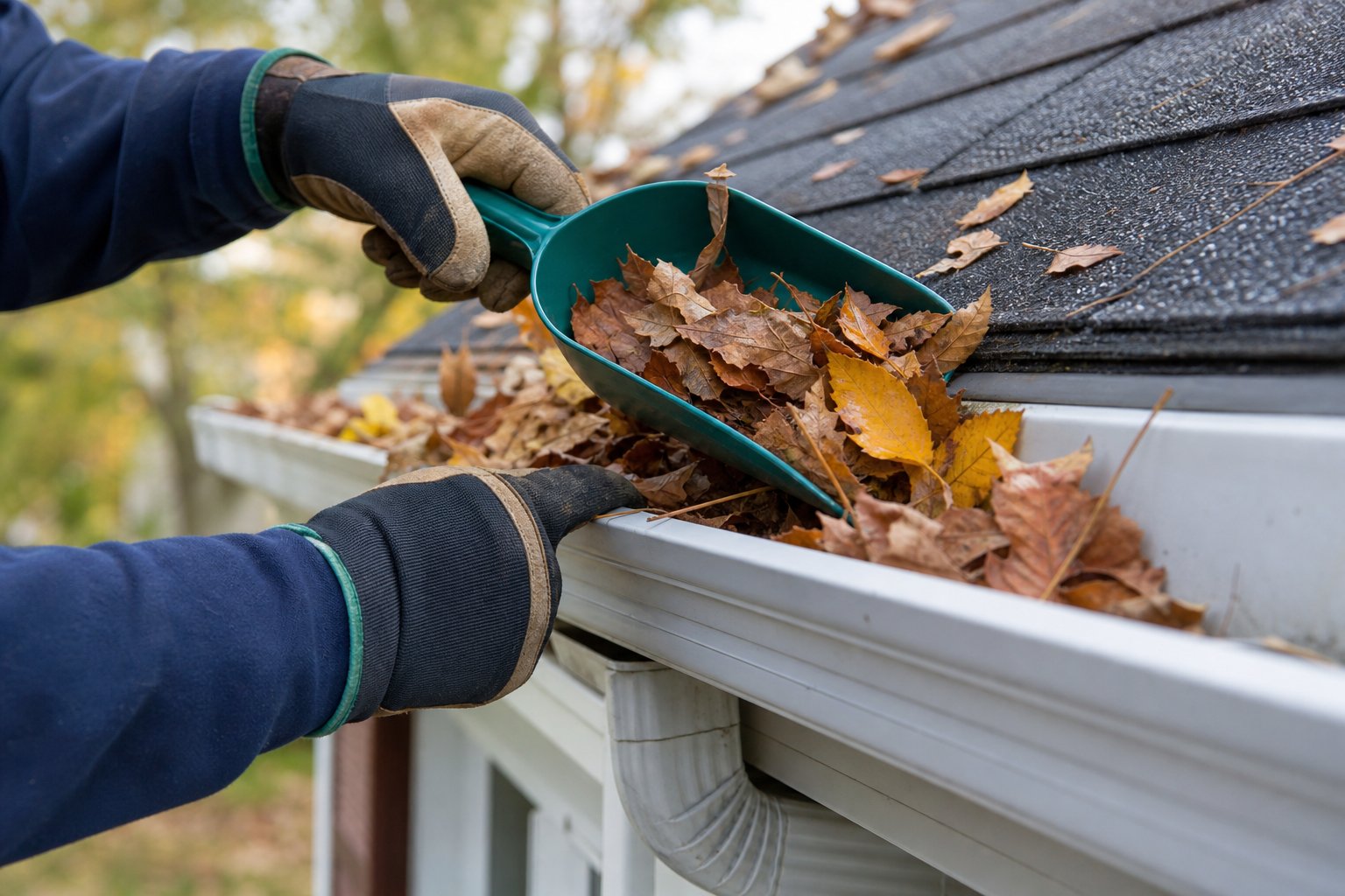Gloved hands clearing leaves from a house gutter