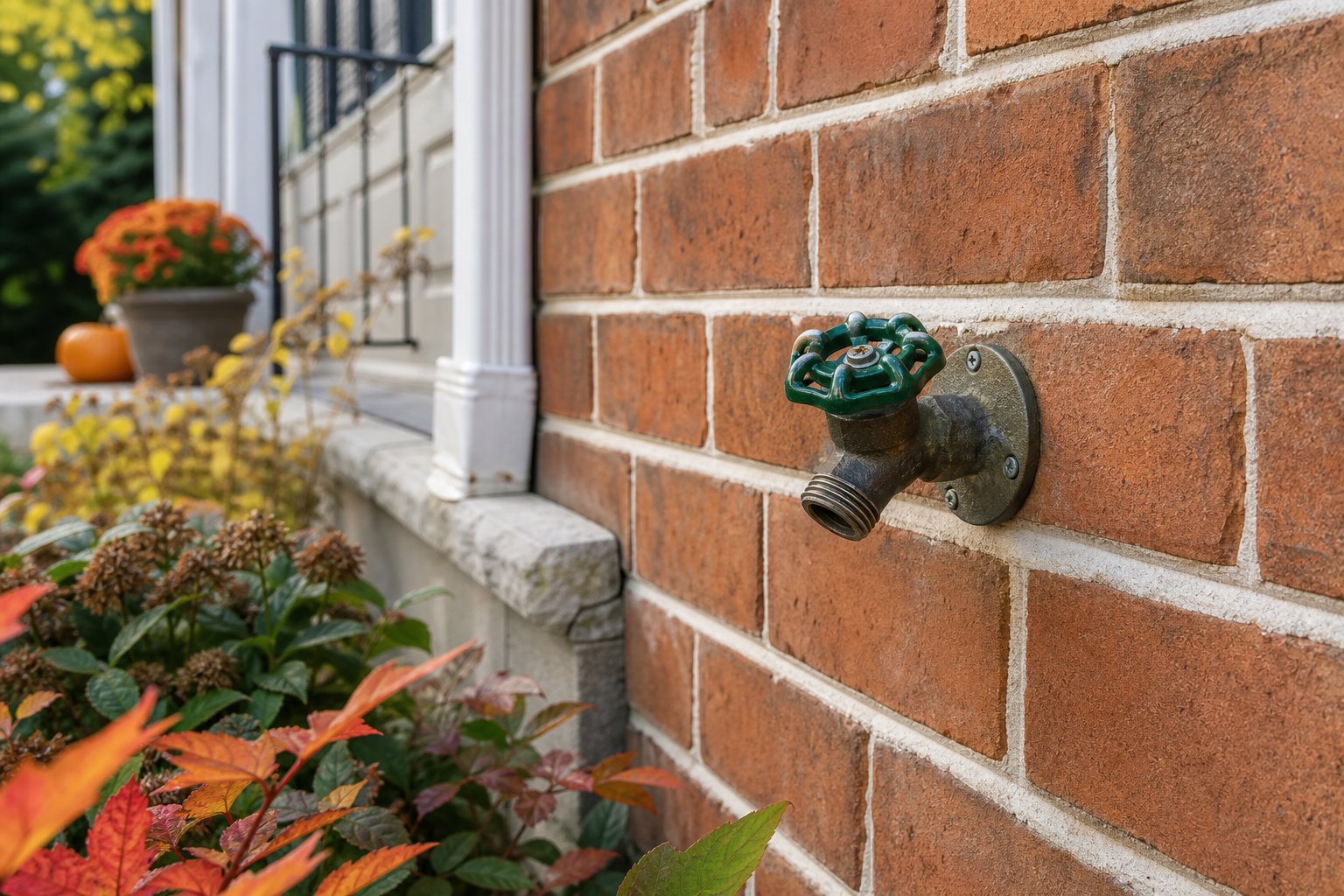 Outdoor faucet with the garden hose disconnected for fall