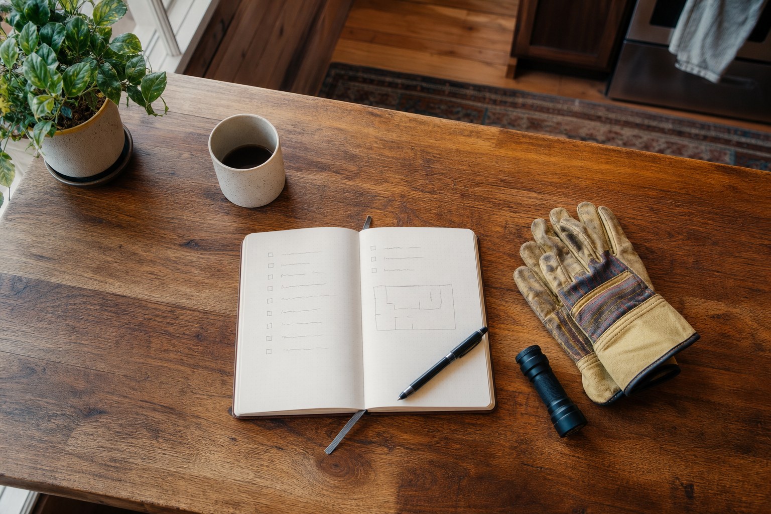 Notebook with a home-maintenance checklist, work gloves, and flashlight on a wooden table