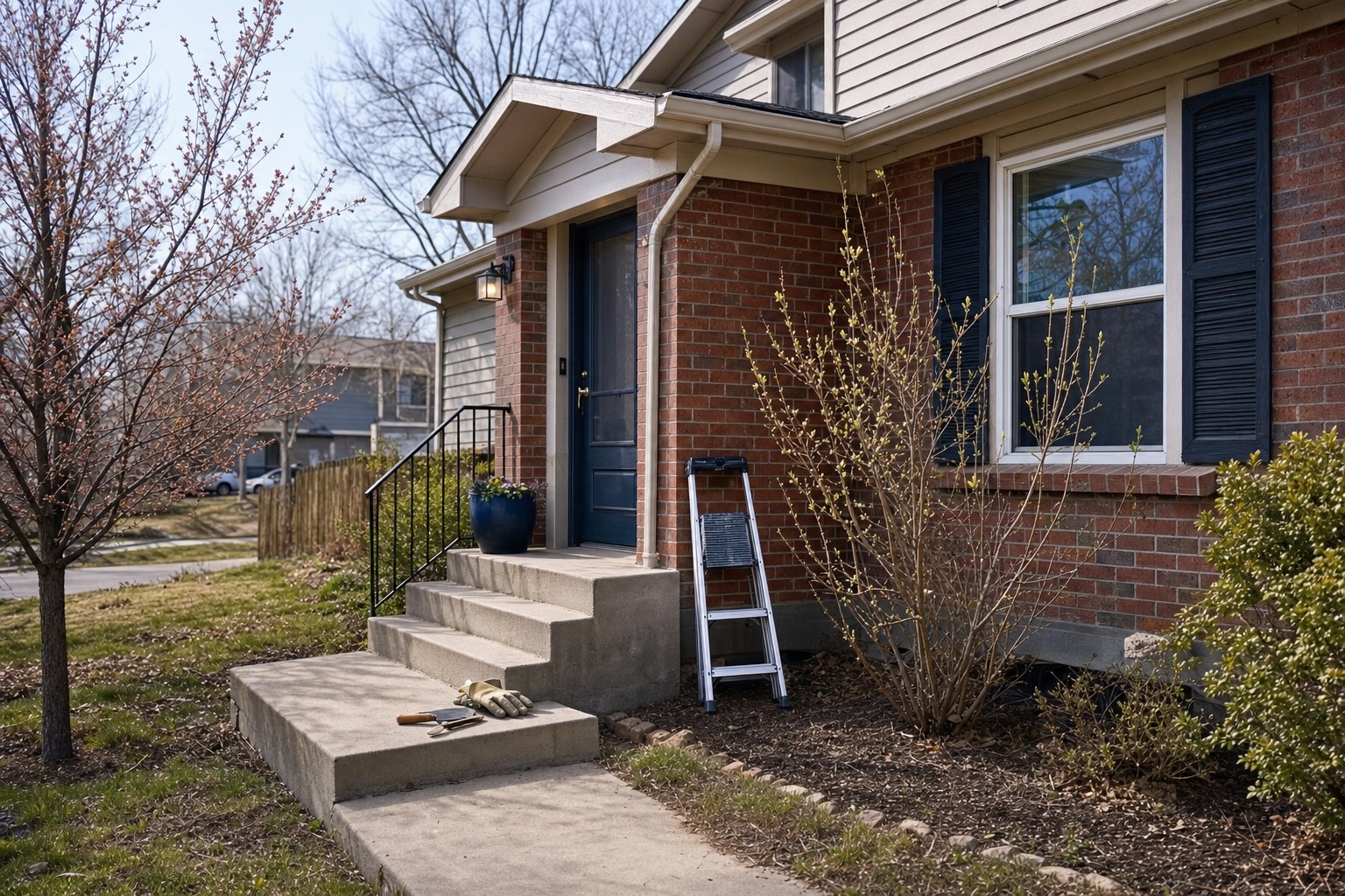 Early spring exterior of a Denver-area home with steps, handrail, tools, and budding trees