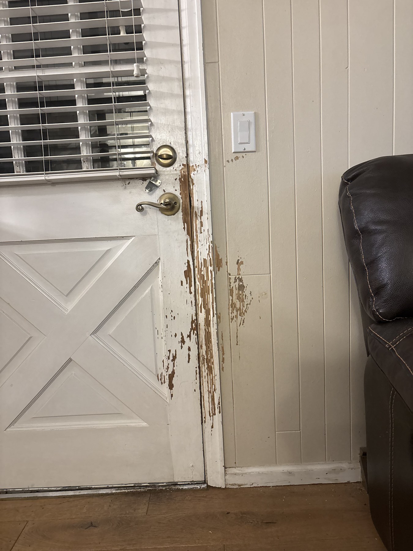 Door and surrounding trim before repair.