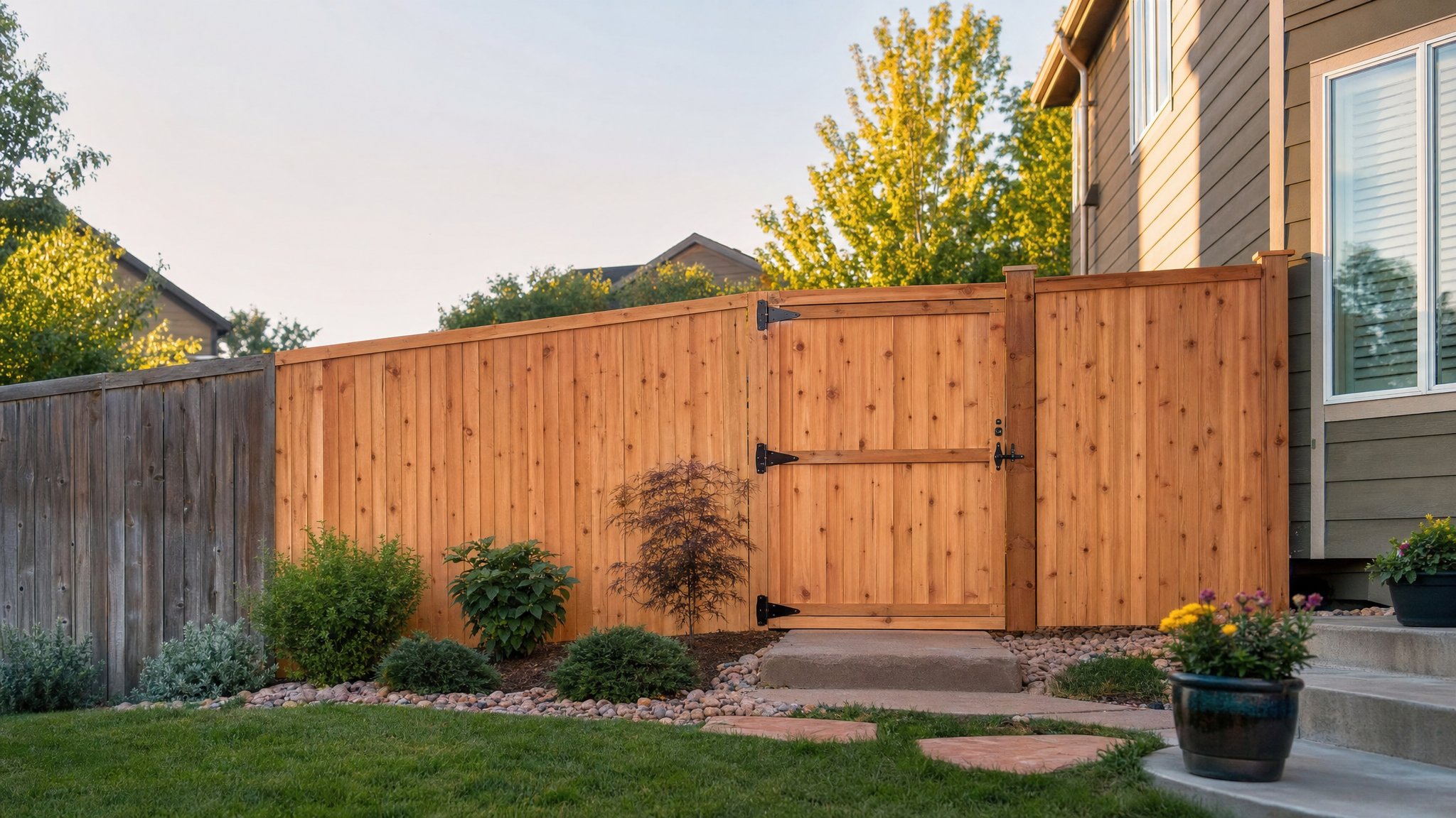 Fresh cedar privacy fence and gate beside a Denver-area home