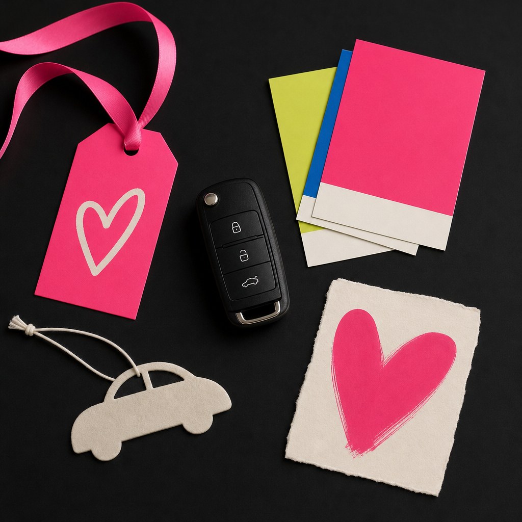 Gift tag, colorful note cards, car key and car-shaped freshener on a black surface