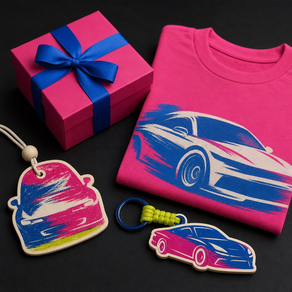 Bright car-themed shirt, freshener, keychain and gift box
