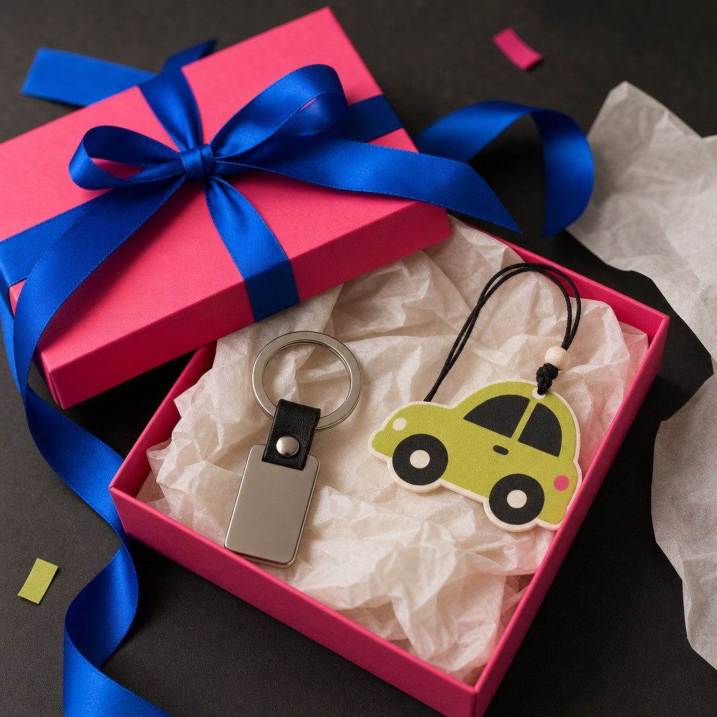 Hot pink gift box with blue ribbon, keychain and car-shaped freshener
